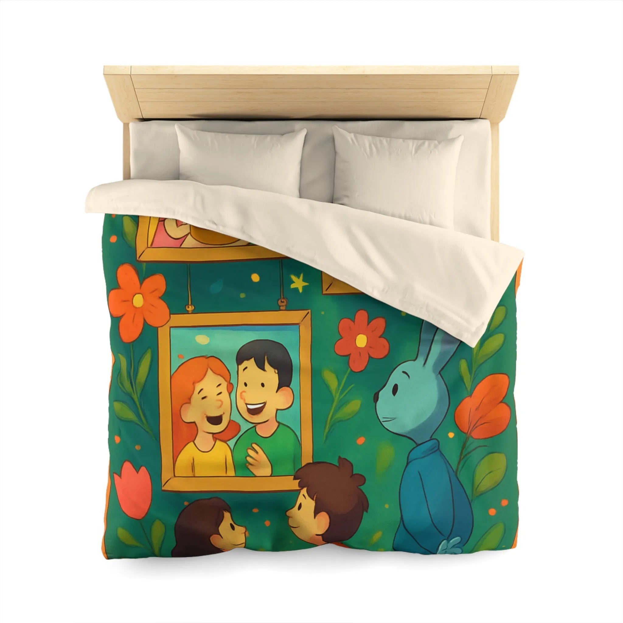 Housse de couette colorée et joyeuse avec famille, nature et motifs floraux