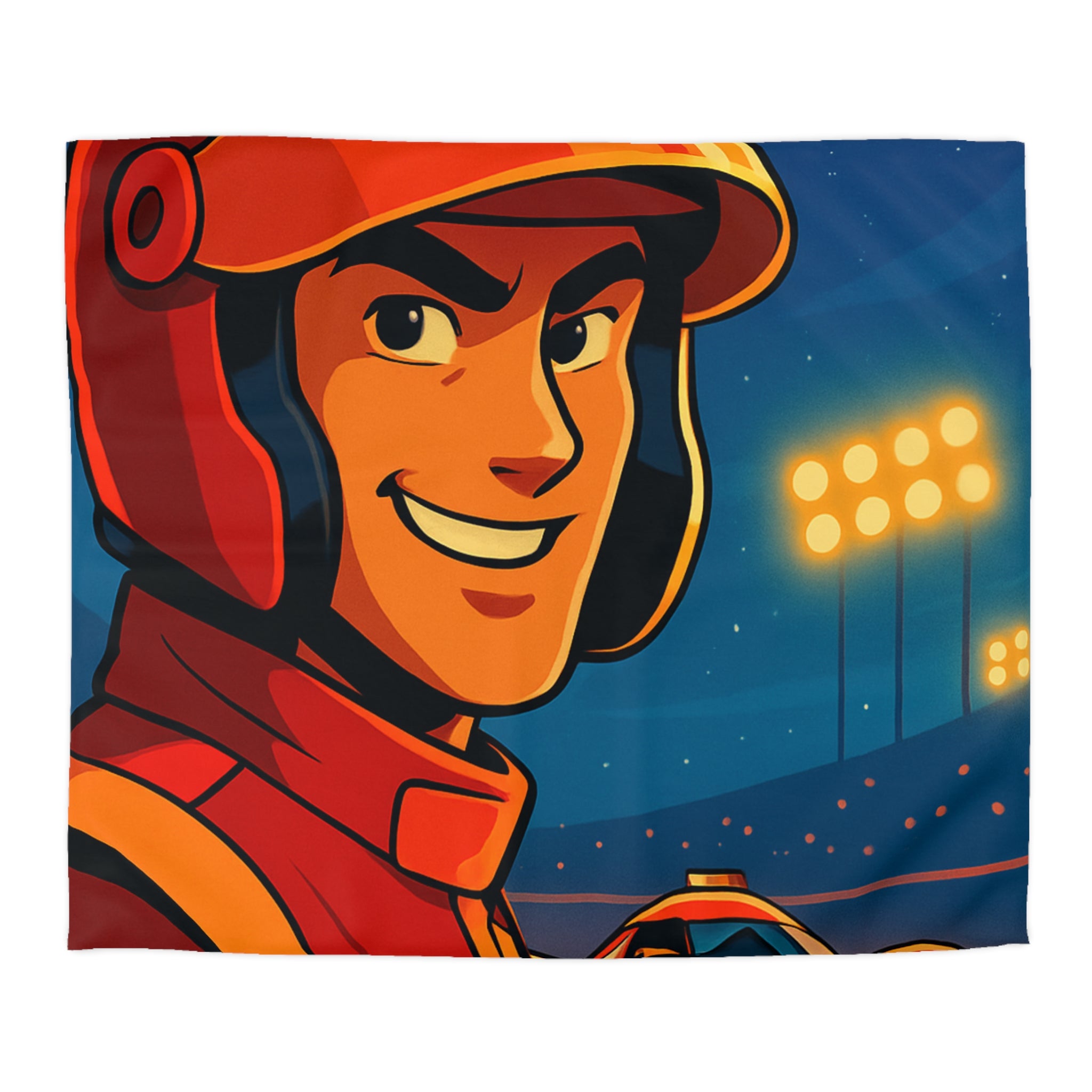 Housse de couette style course automobile avec pilote souriant et voiture rouge rapide