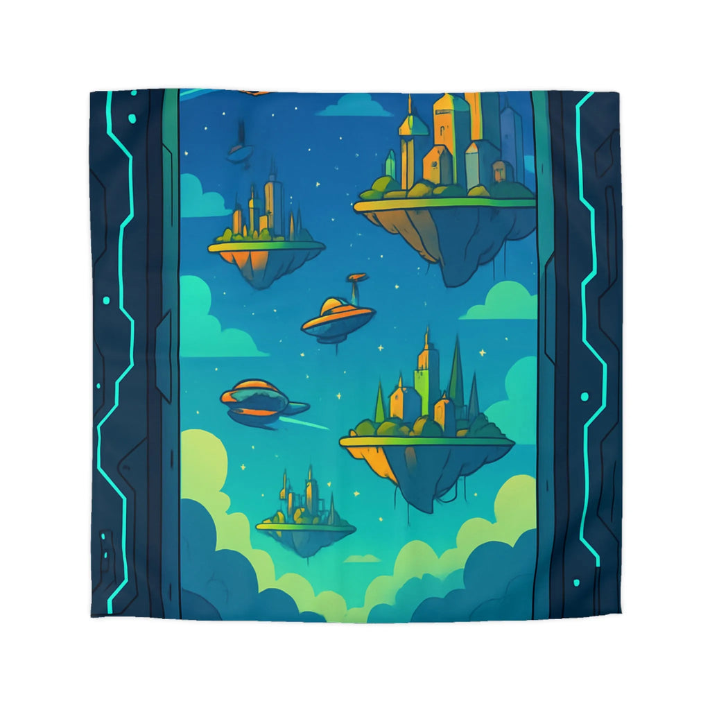 Housse de couette futuriste avec cités flottantes sous ciel étoilé et vaisseaux spatiaux
