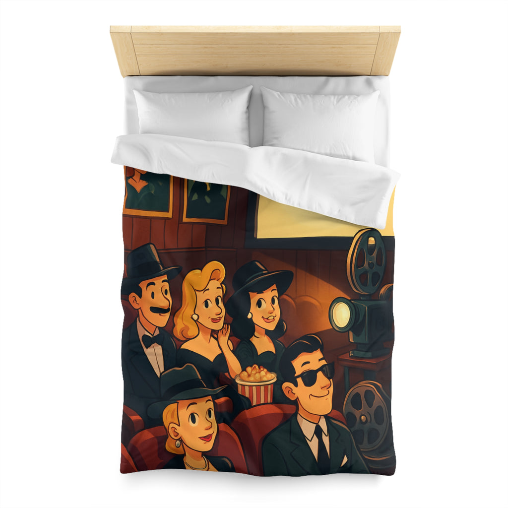 Housse de Couette Rétro Cinéma avec Scène de Spectateurs Élégants et Projecteur