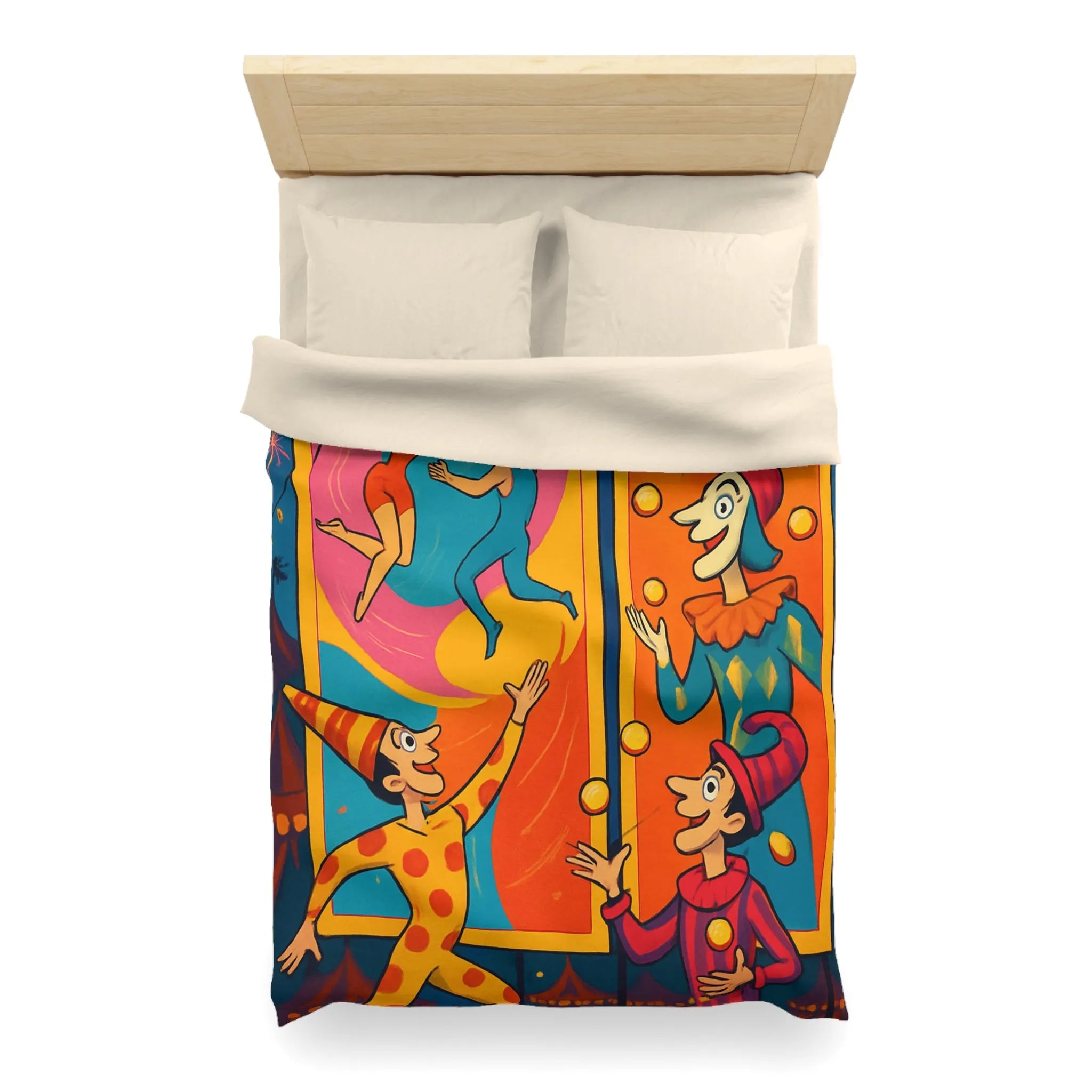 Housse de couette colorée avec jongleurs et acrobates, ambiance festive et joyeuse