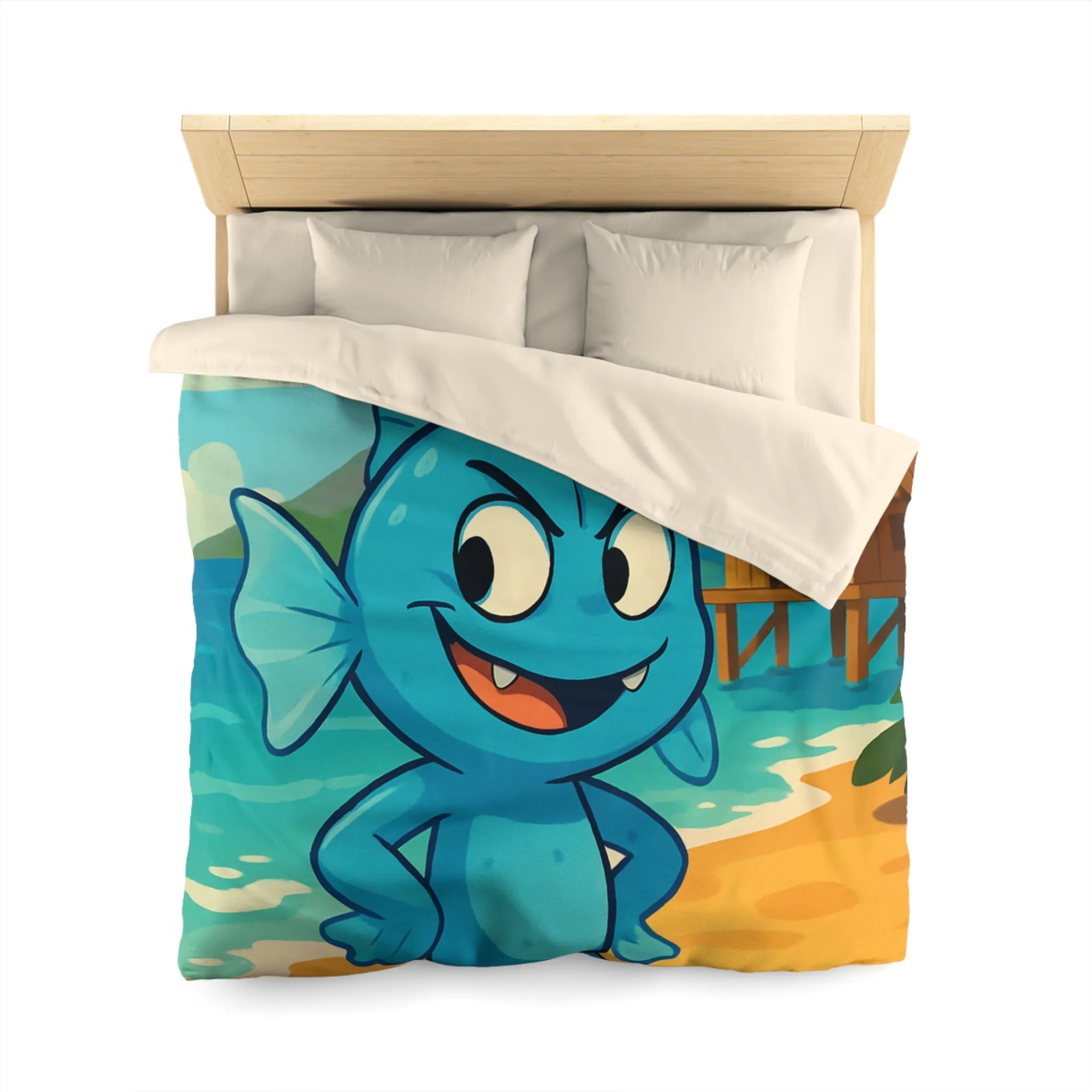 Housse de couette île tropicale avec poisson bleu et volcan en arrière-plan