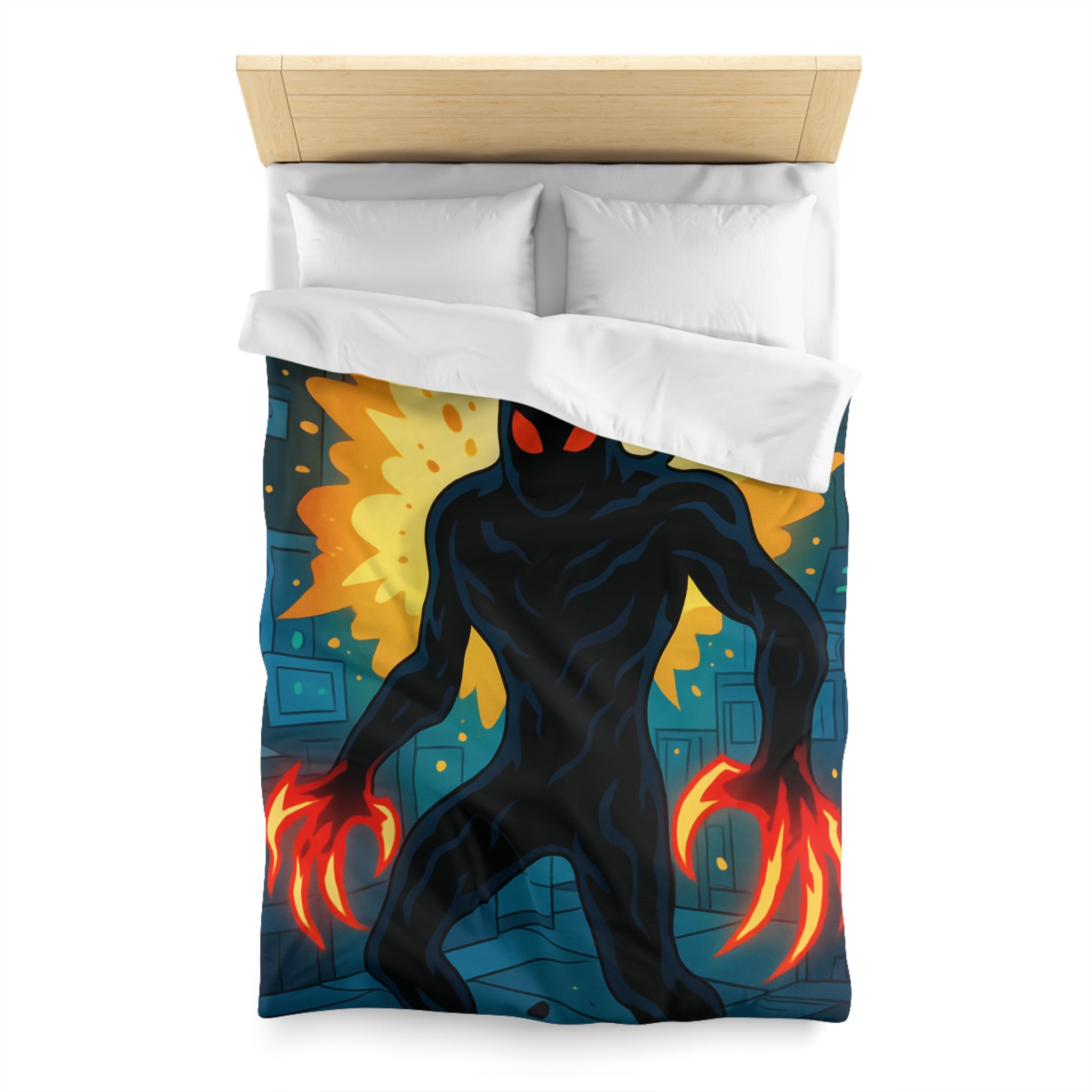 Housse de couette sombre avec créature enflammée aux griffes lumineuses