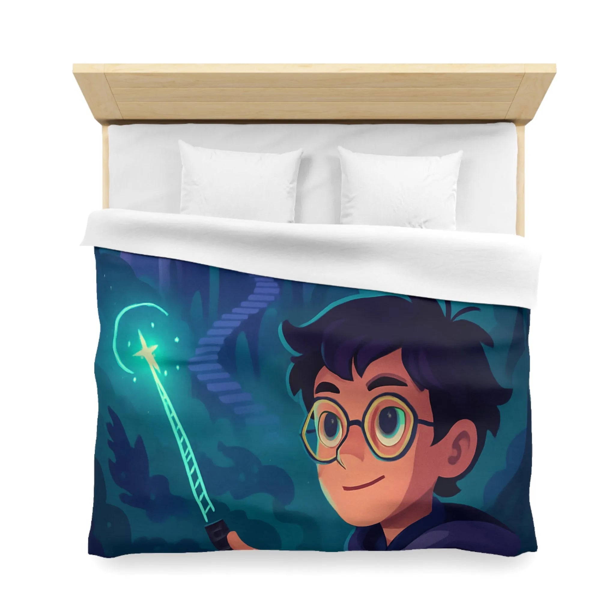 Housse de Couette Magique avec Enfant, Baguette Lumineuse et Chouette en Nuit Mystique