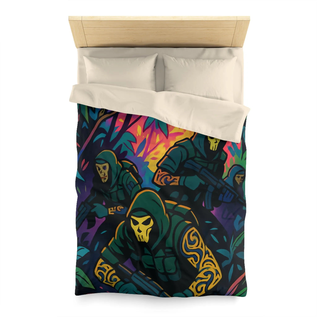 Housse de couette graphique avec motif de soldats masqués dans une jungle colorée