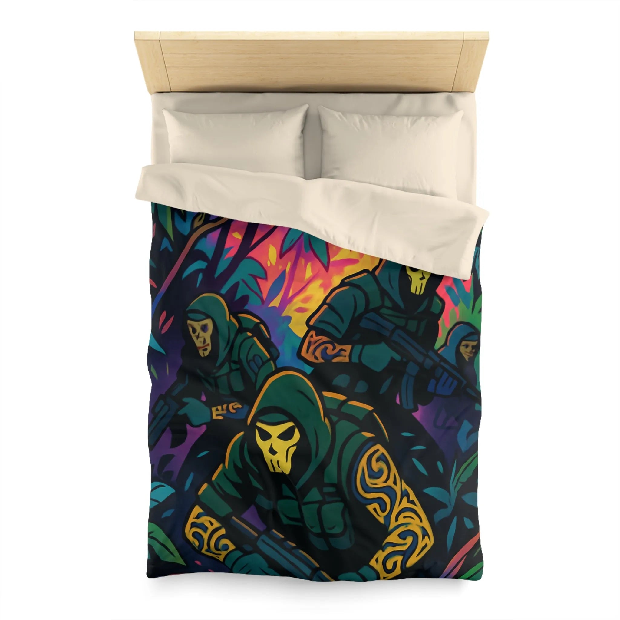 Housse de couette graphique avec motif de soldats masqués dans une jungle colorée