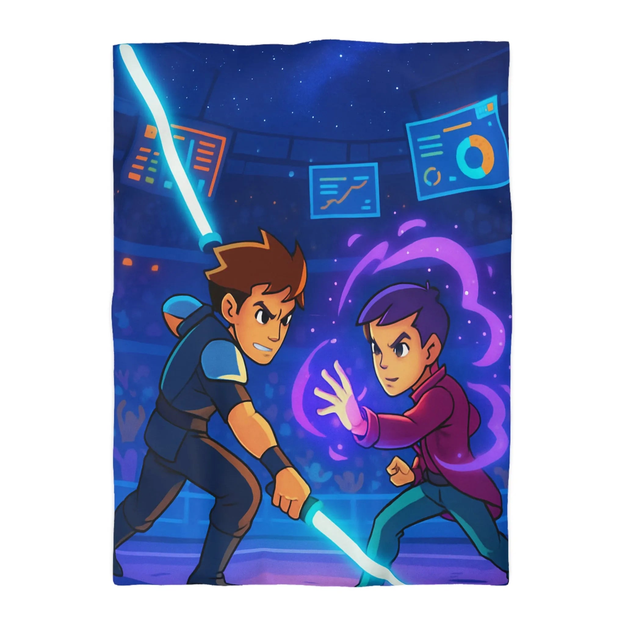 Housse de Couette Enfant Design Combat Futuriste avec Épées Laser et Pouvoirs Magiques