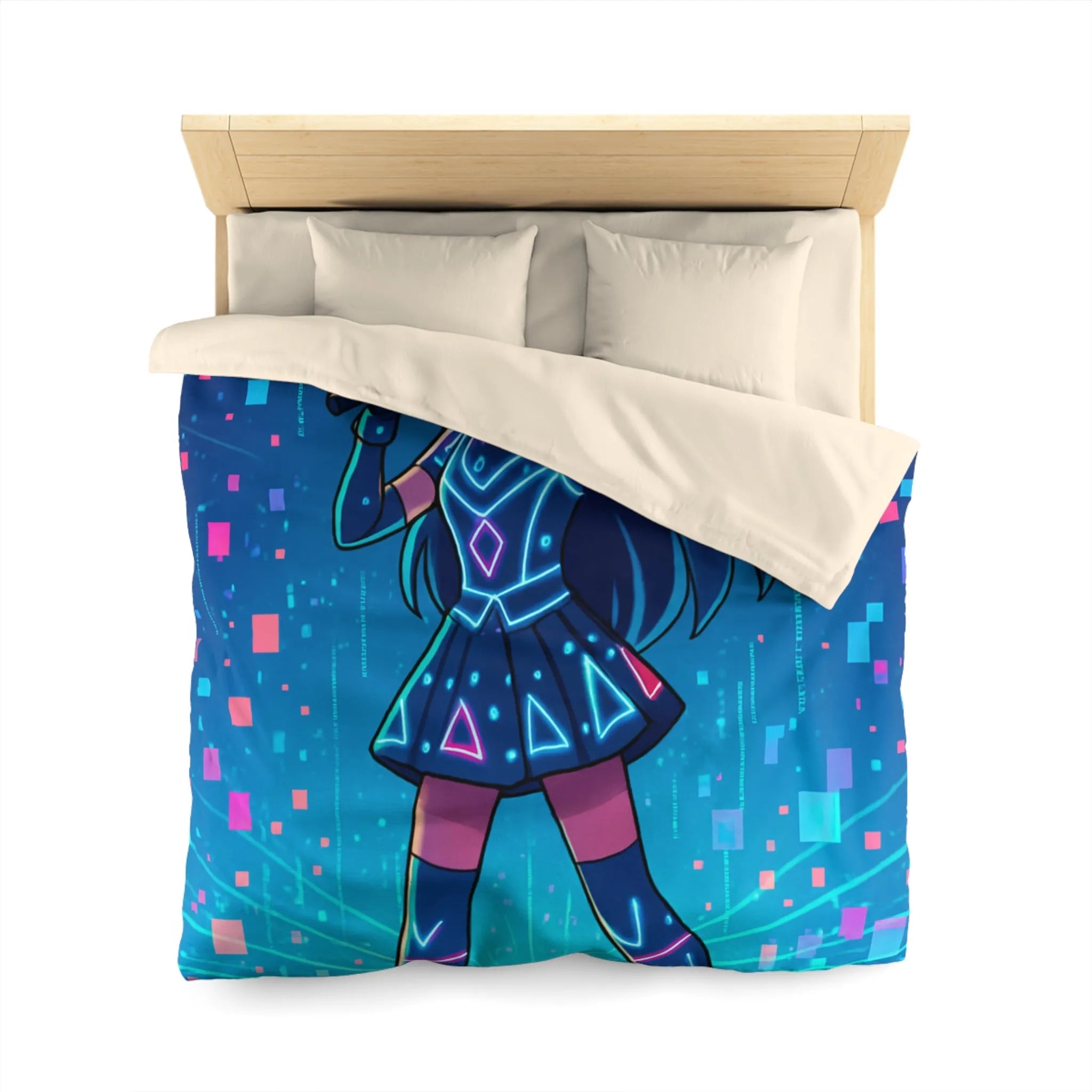 Housse de Couette Fille Chanteuse Néon Style Futuriste Graphiques Lumineux Bleu Rose