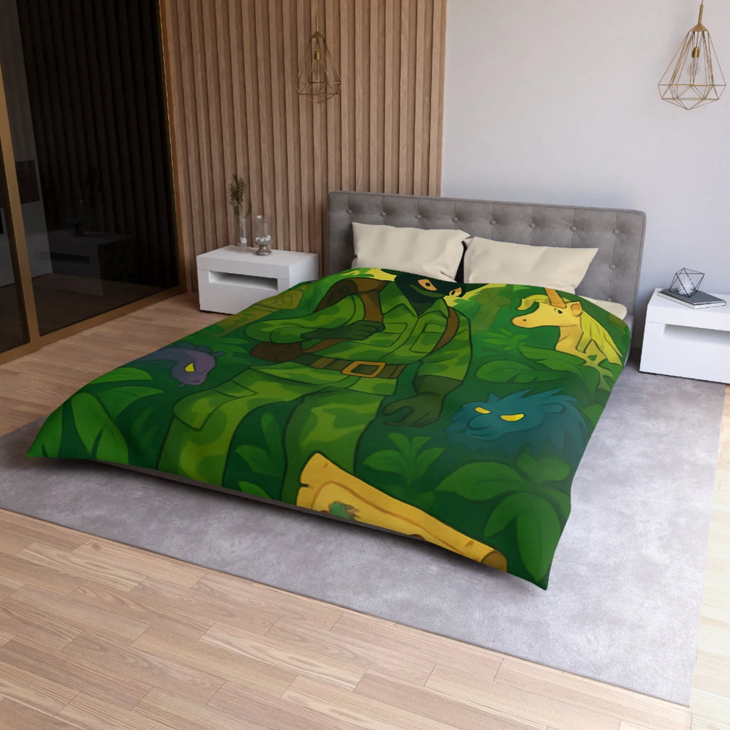 Housse de couette avec explorateur aventurier parmi créatures fantastiques et forêt luxuriante