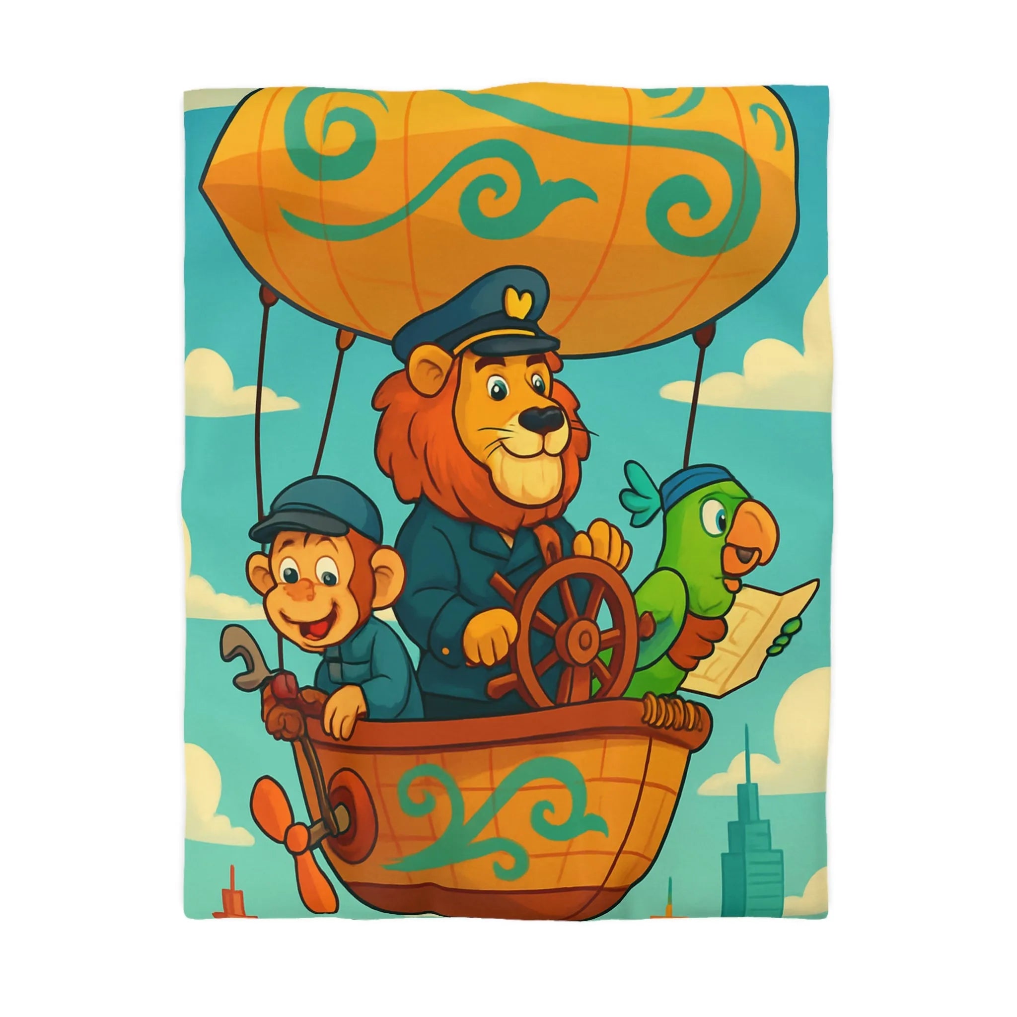 Housse de couette enfant avec montgolfière lion, singe, perroquet colorée et joyeuse