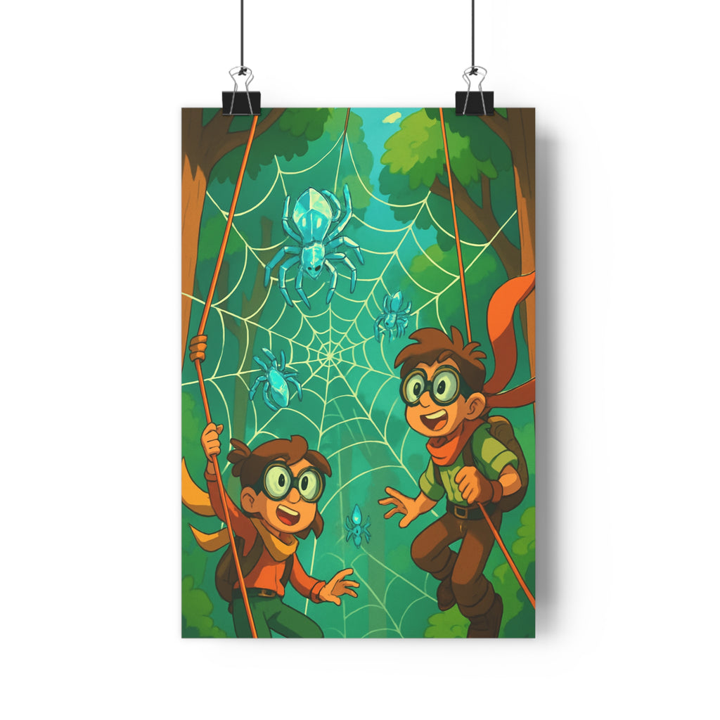 Poster décoratif aventure dessin animé vert bleu enfant chambre forêt mystique explorateurs dynamique 30x46