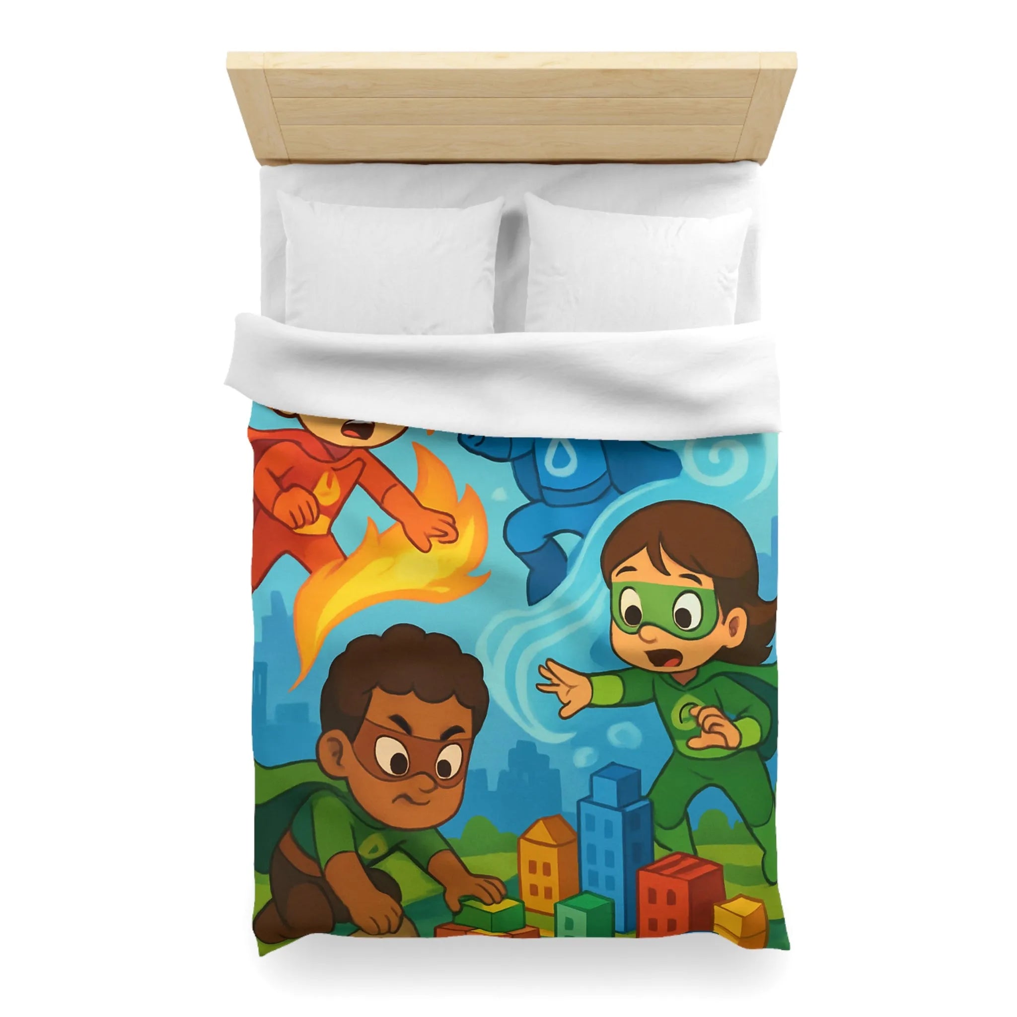 Housse de couette enfant avec super-héros colorés en action dans une ville imaginaire