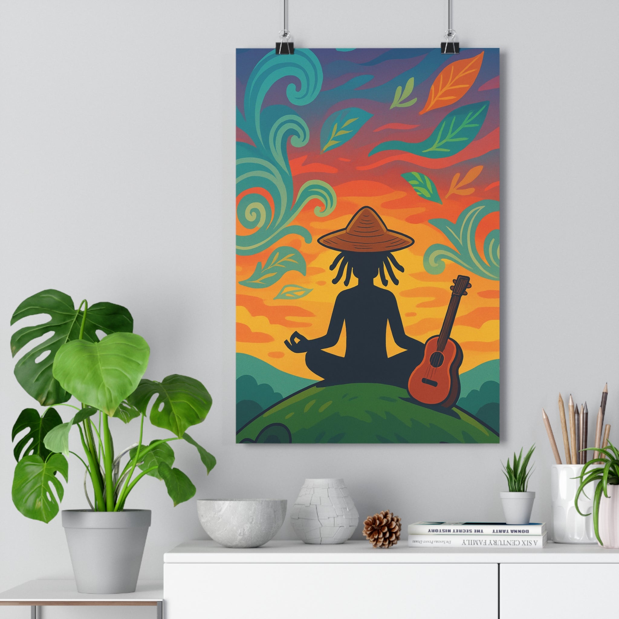 Poster décoratif méditation silhouette cartoon vibrant bleu vert orange salon chambre zen nature ambiance