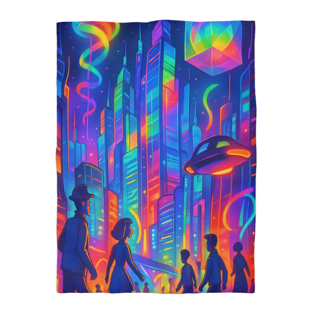 Housse de Couette Colorée Scène Urbaine Futuriste avec Illusions d'Optique Dynamiques et Vives