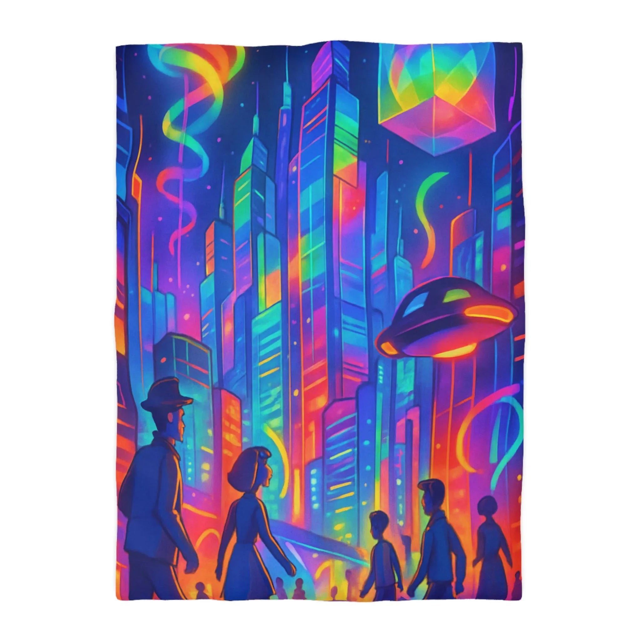 Housse de Couette Colorée Scène Urbaine Futuriste avec Illusions d'Optique Dynamiques et Vives