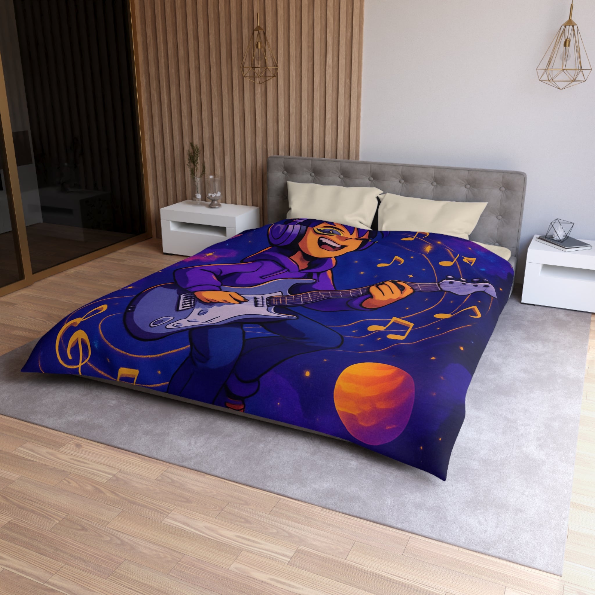 Housse de couette musicale avec planète, guitare et ciel cosmique coloré, ambiance rêveuse
