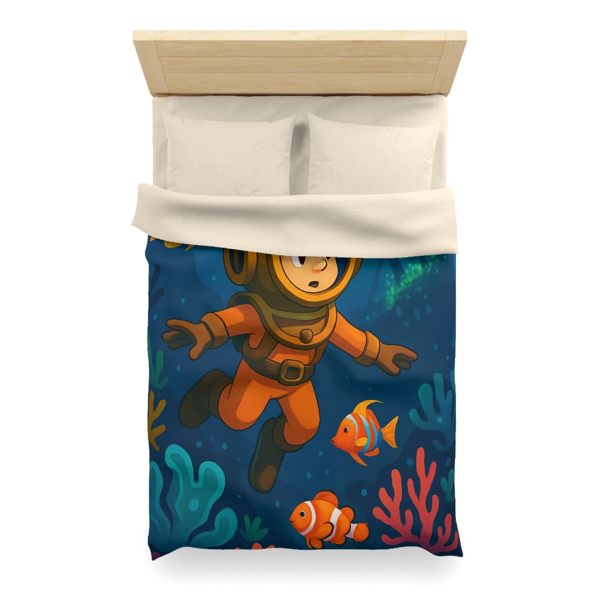 Housse de couette colorée enfant : plongeur sous-marin, poissons tropicaux et épave mystérieuse