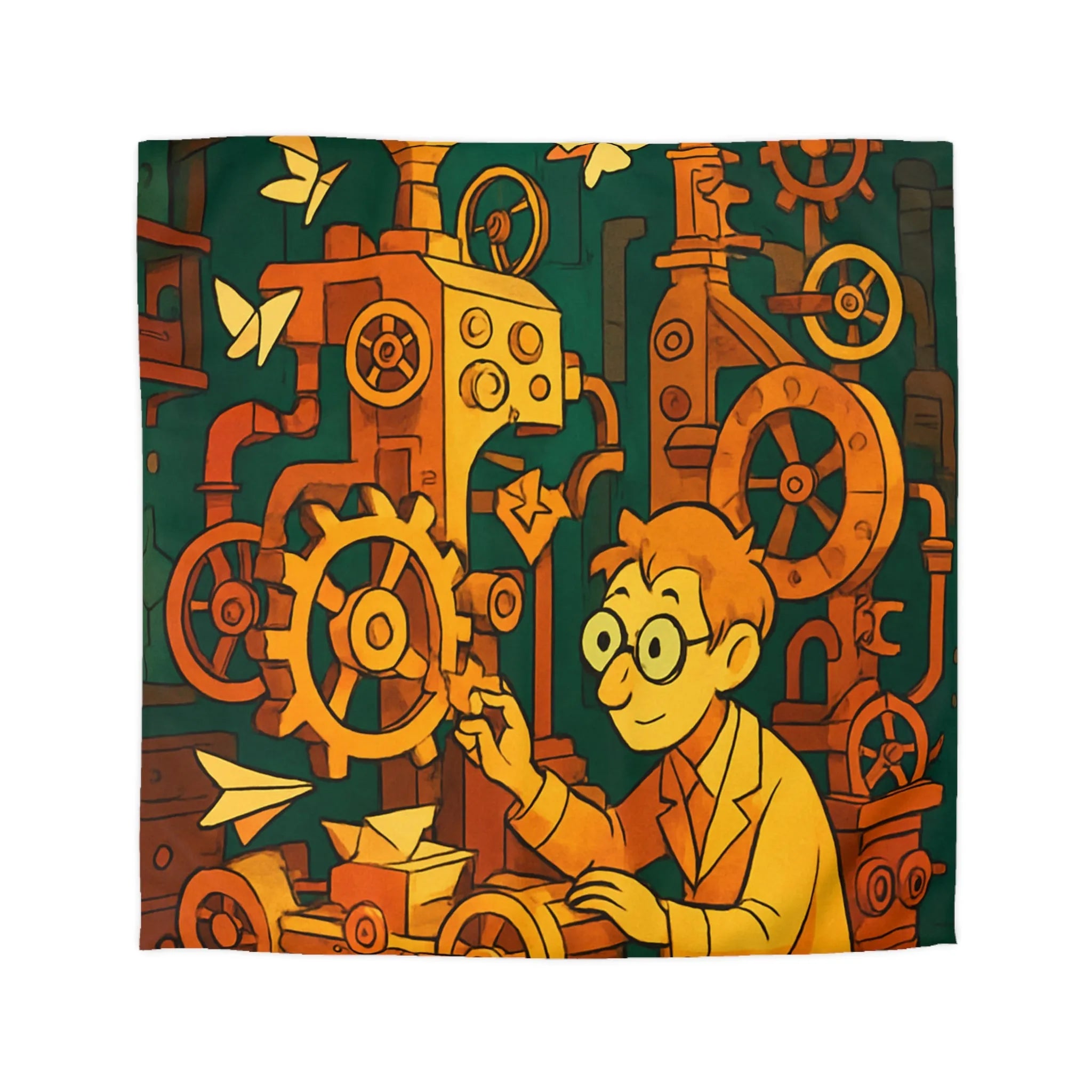 Housse de couette machine steampunk colorée avec papillons et ingénieur rêveur illustration automne