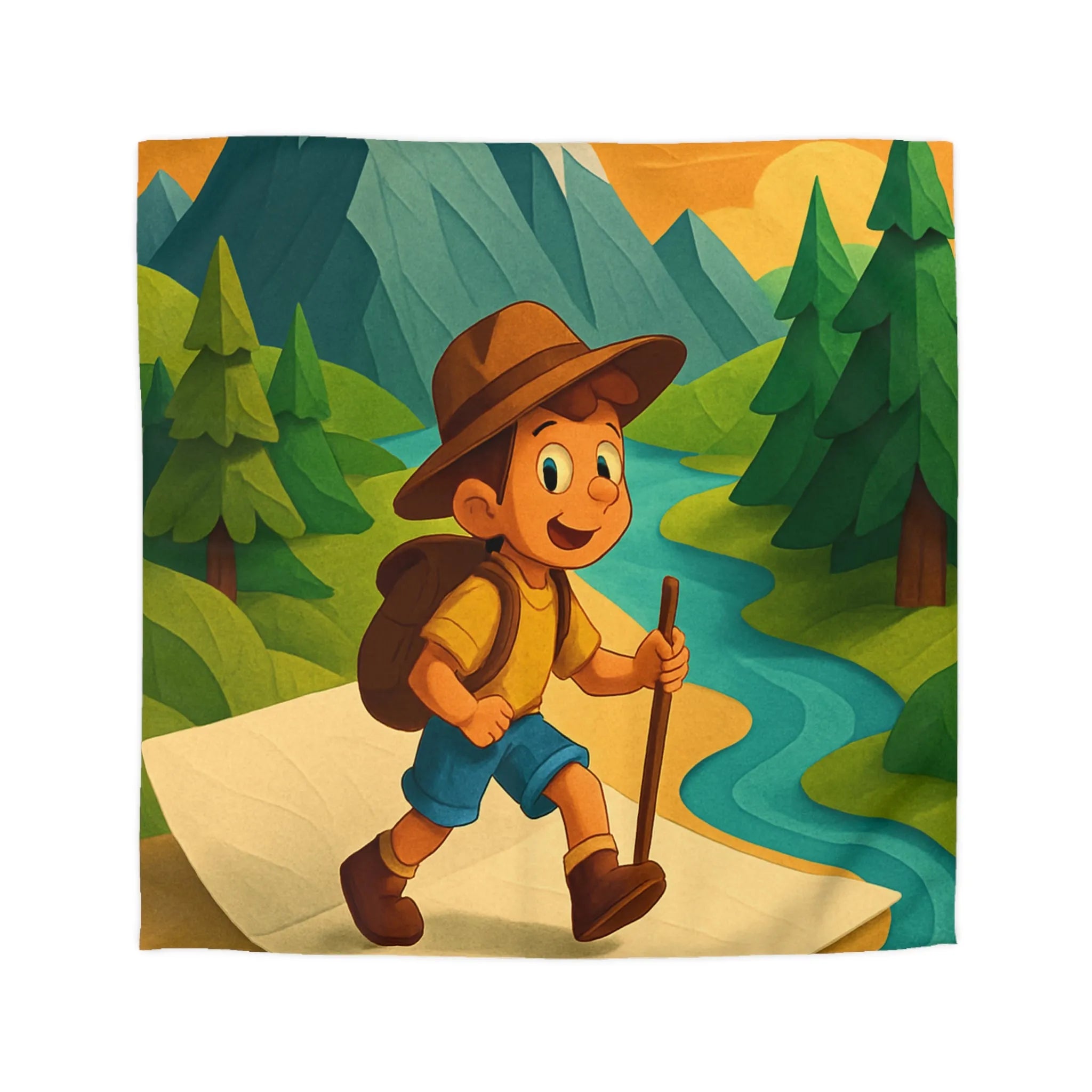 Housse de couette aventure enfantine avec montagne, rivière et jeune explorateur joyeux