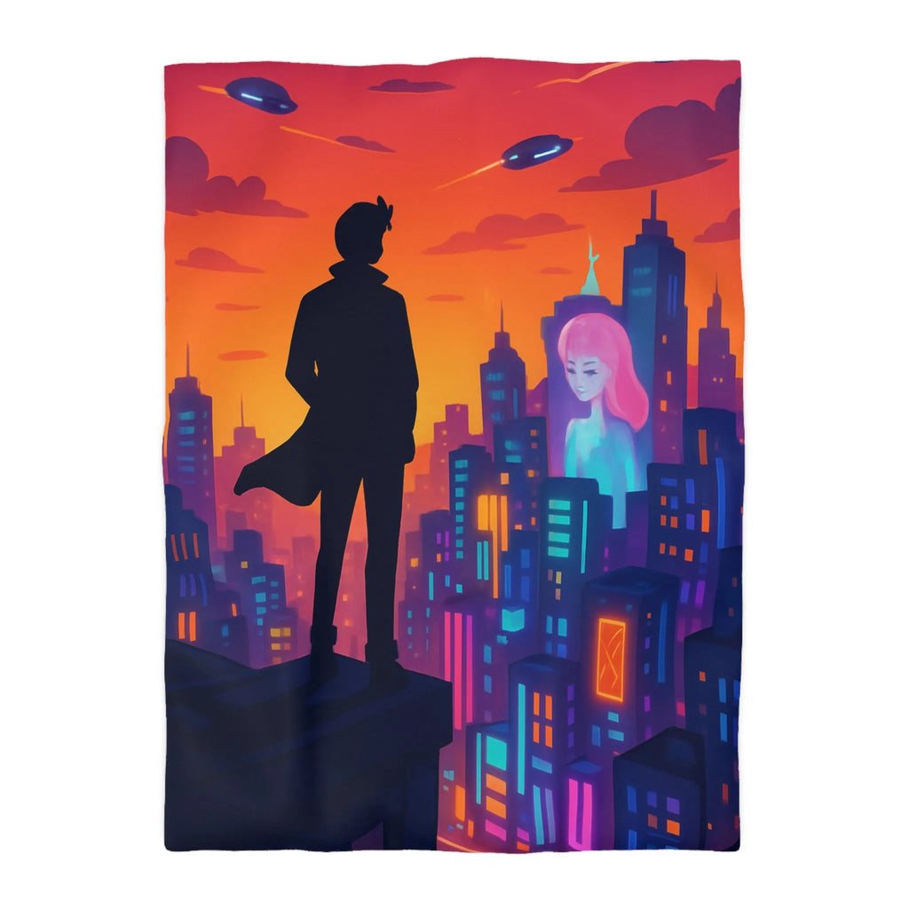 Housse de couette futuriste avec silhouette urbaine et couleurs vibrantes pour chambre moderne