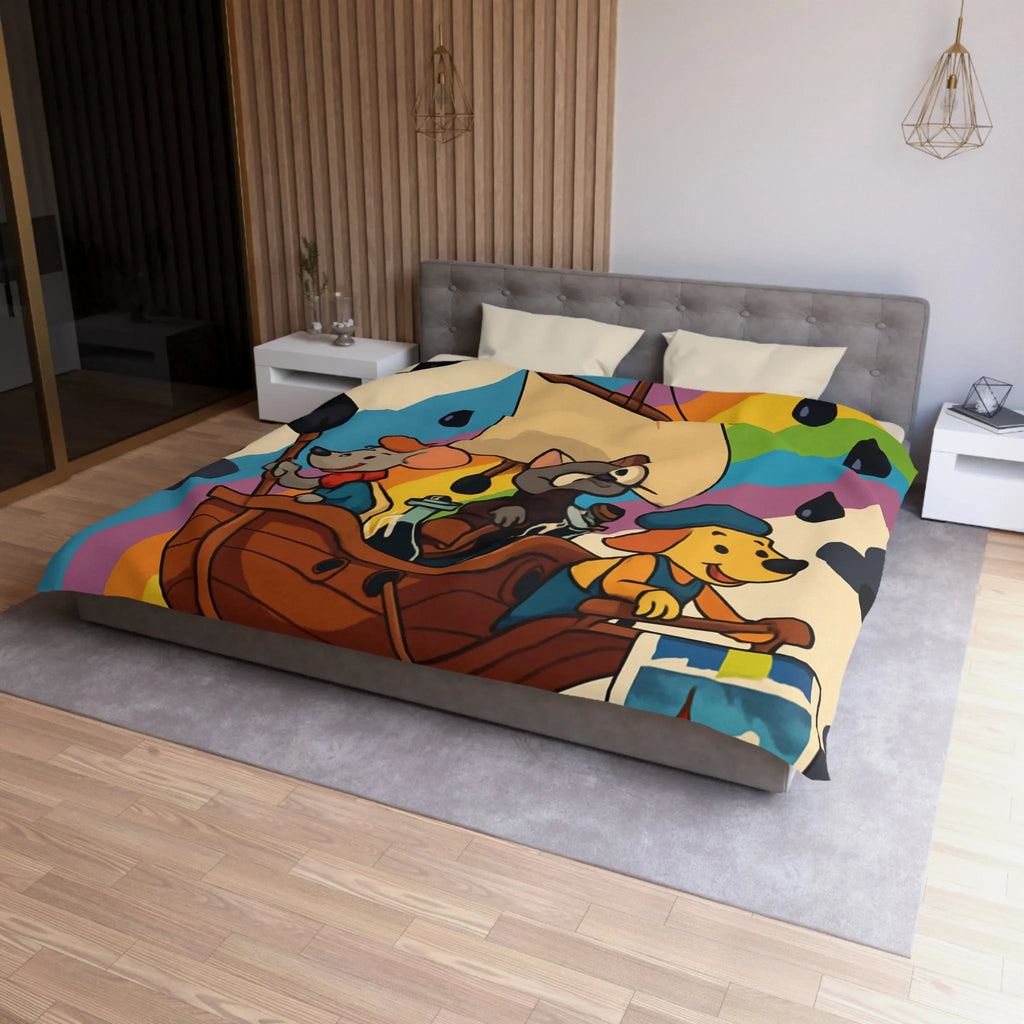 Housse de couette enfant avec animaux navigateurs sur arc-en-ciel et bateau enchanteur