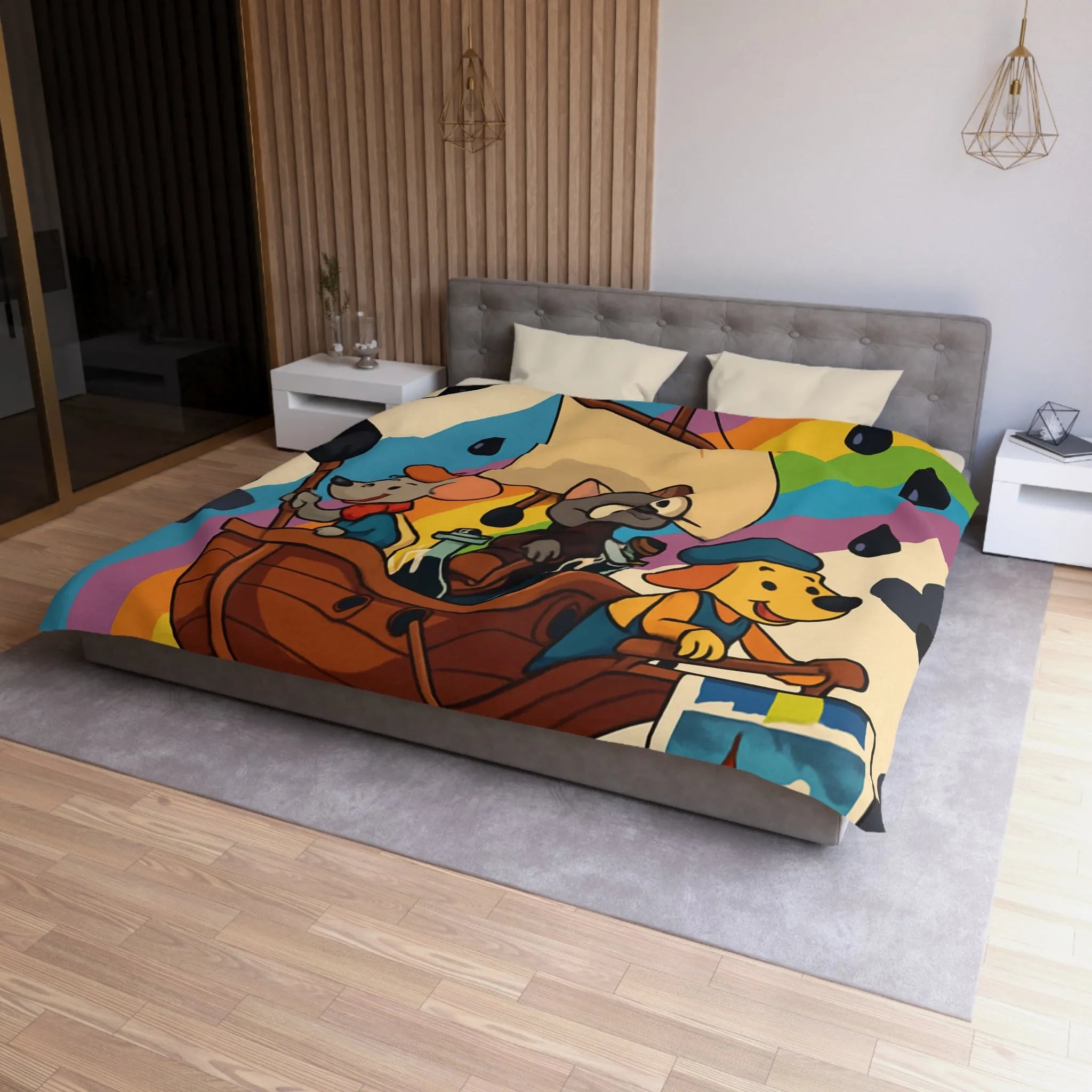 Housse de couette enfant avec animaux navigateurs sur arc-en-ciel et bateau enchanteur