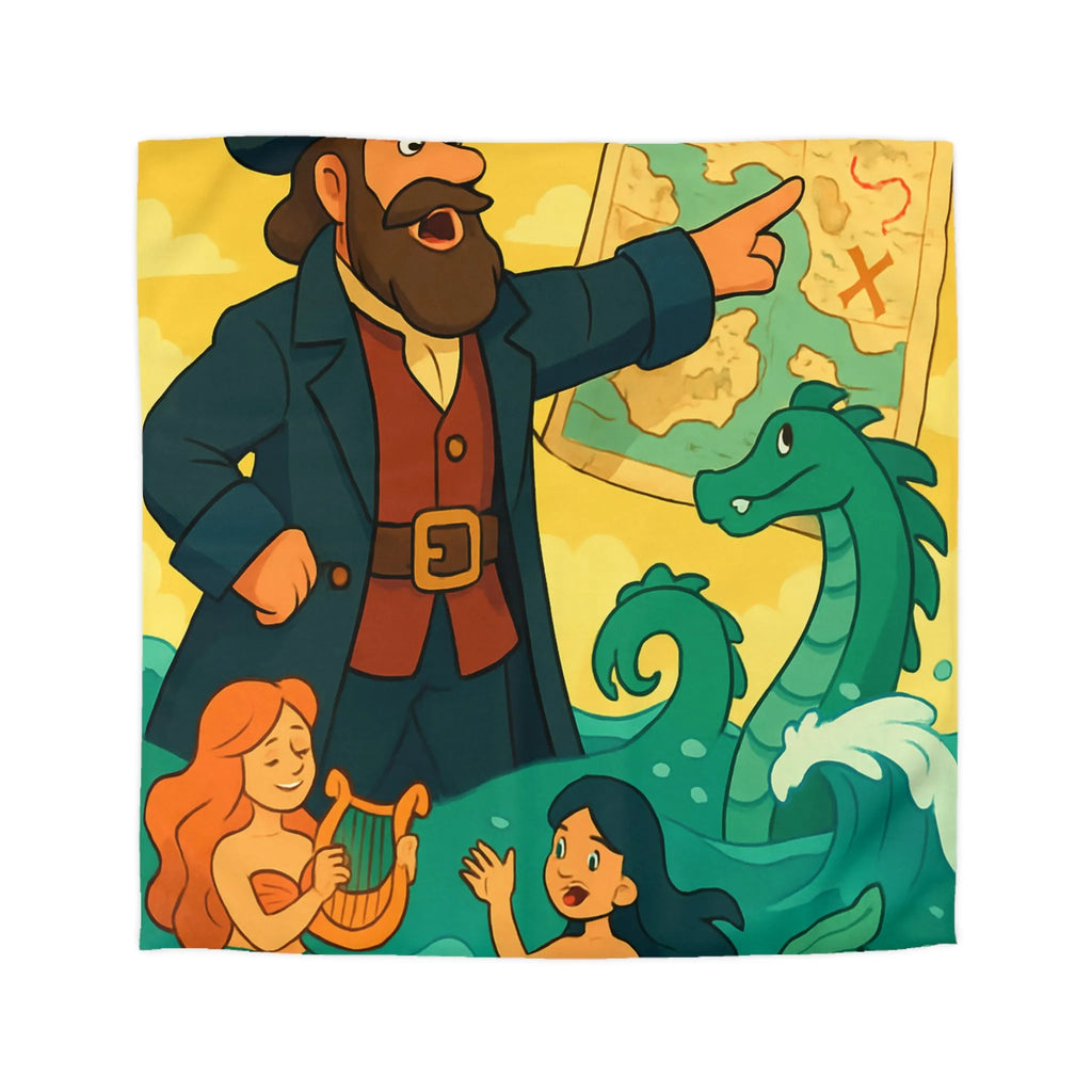 Housse de couette illustrée pirate avec carte, sirènes et monstre marin ludique