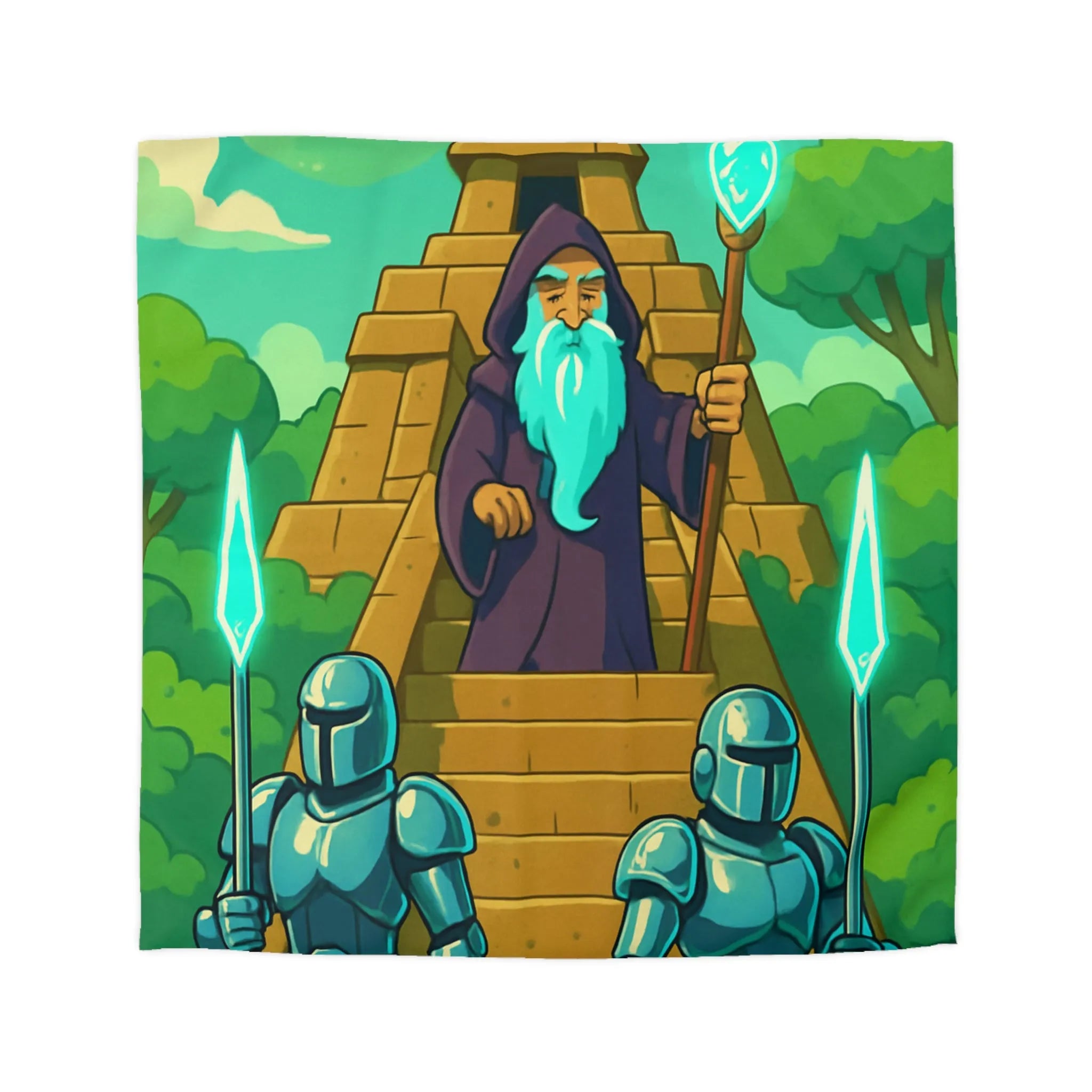 Enchanted Pyramid Landscape with Wizard and Glowing Guardians for Magical Bedding Decor