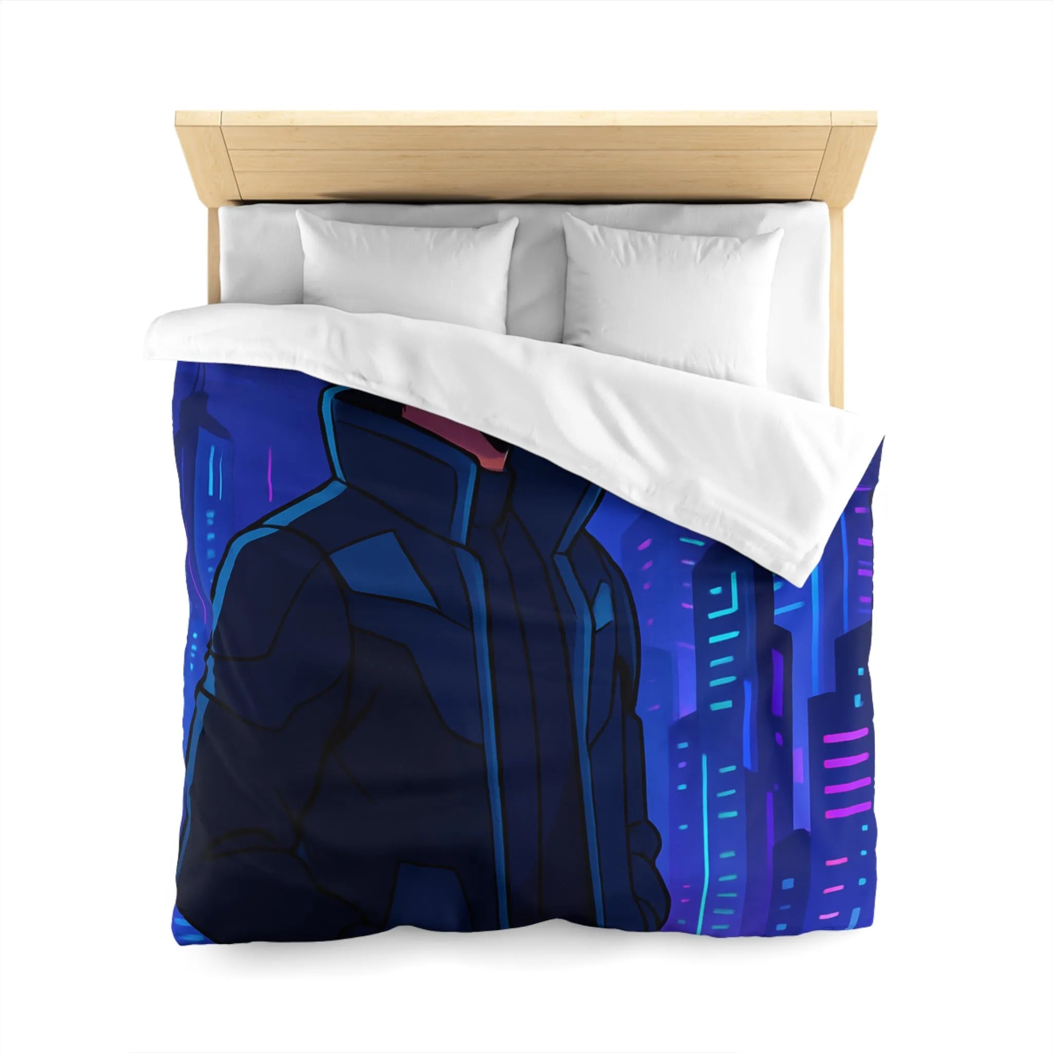 Futuriste Housse de Couette avec Ville Brillante et Homme Élégant en Lunettes