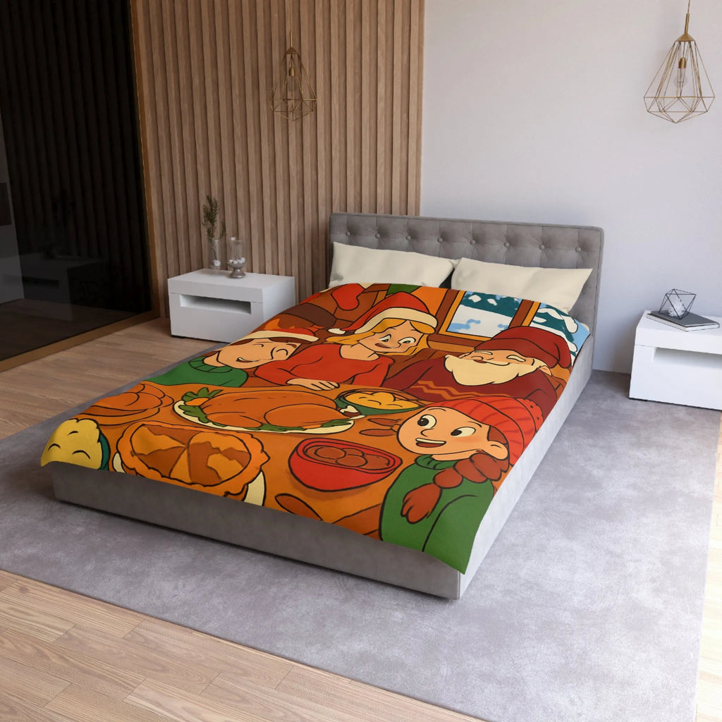 Housse de couette festive Noël famille réunie autour d'un dîner savoureux cheminée