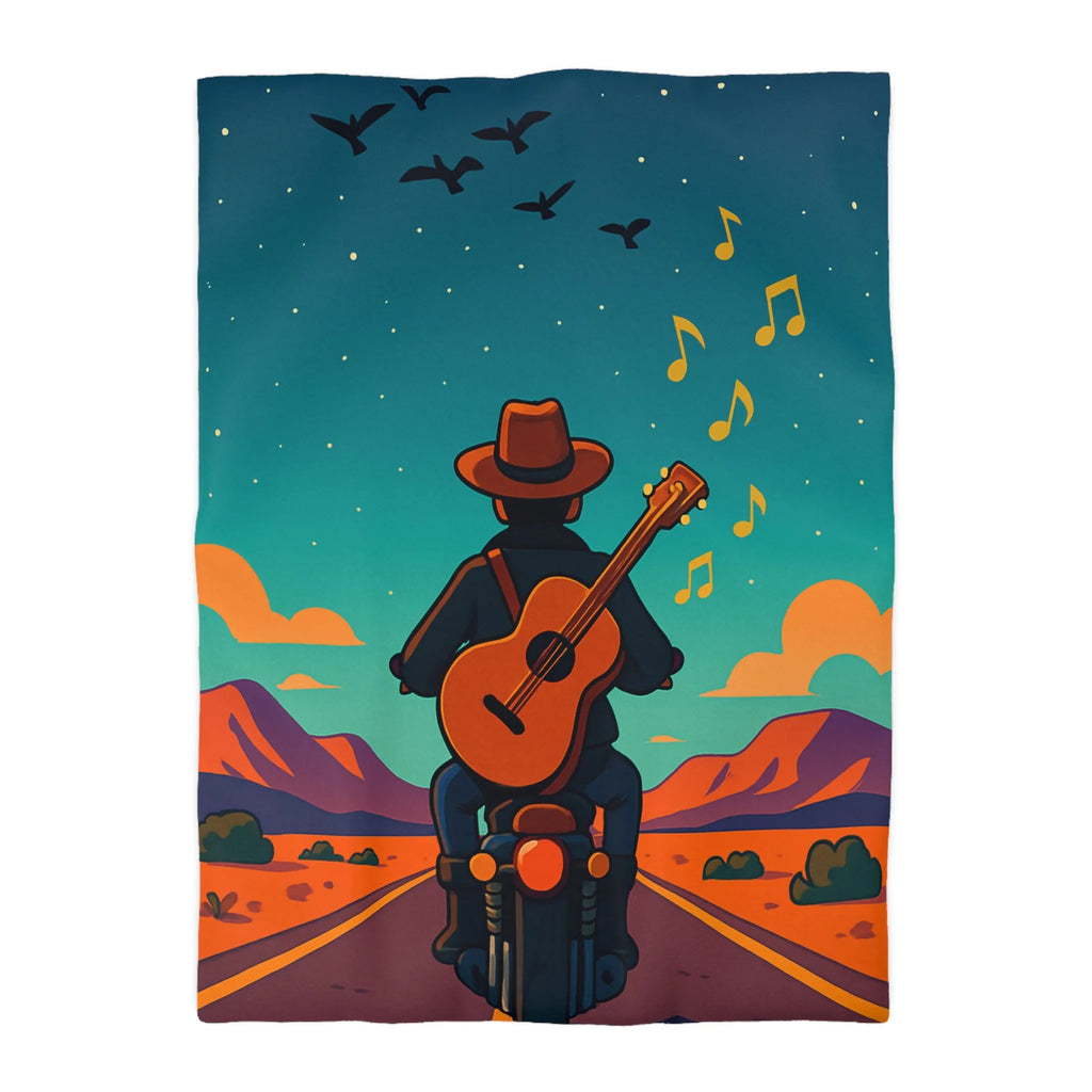 Housse de couette illustrée avec musicien en moto sous ciel étoilé et montagnes