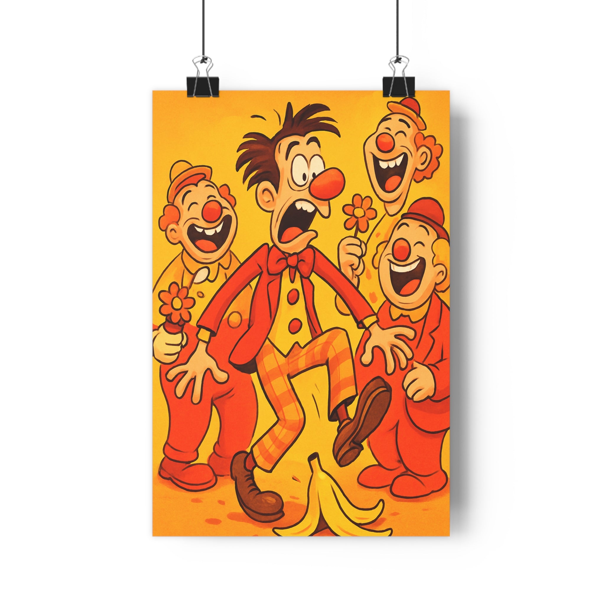 Poster décoratif cartoon couleurs vives rouge orange jaune joyeux salon bureau ambiance humoristique clowns