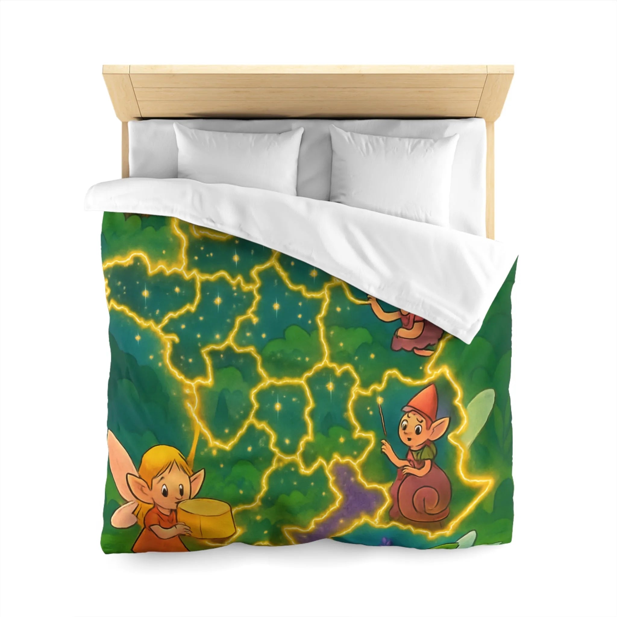 Housse de couette illustrée avec fées et lutins en carte de France enchantée