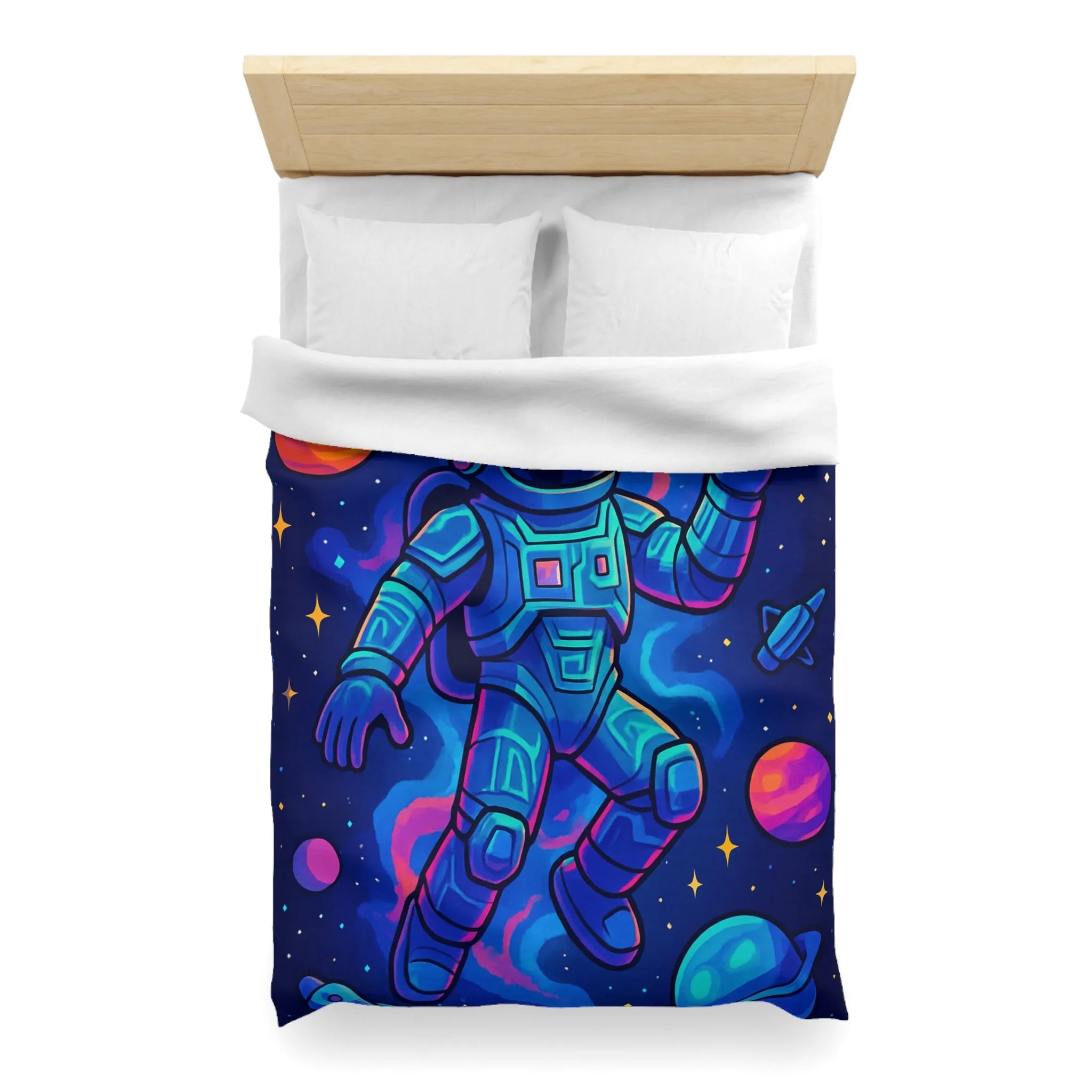 Housse de couette astronautique colorée spatiale avec planètes, étoiles et vaisseau cosmique dessins