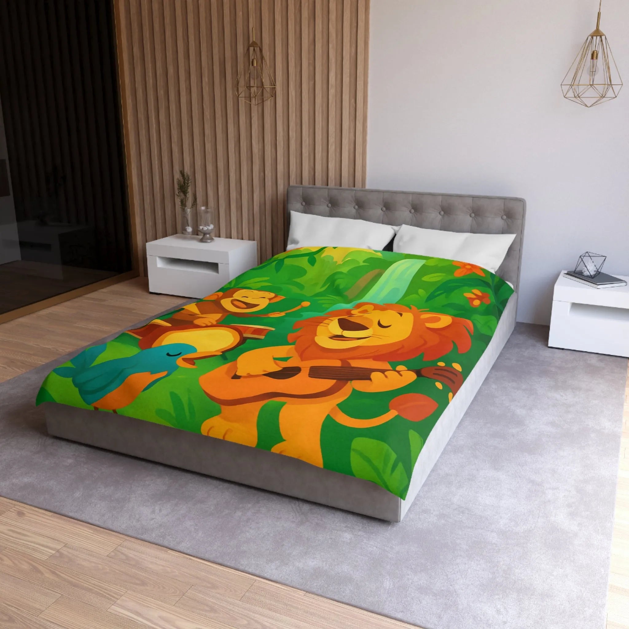 Housse de couette jungle colorée avec lion, singe, et oiseau musiciens joyeux