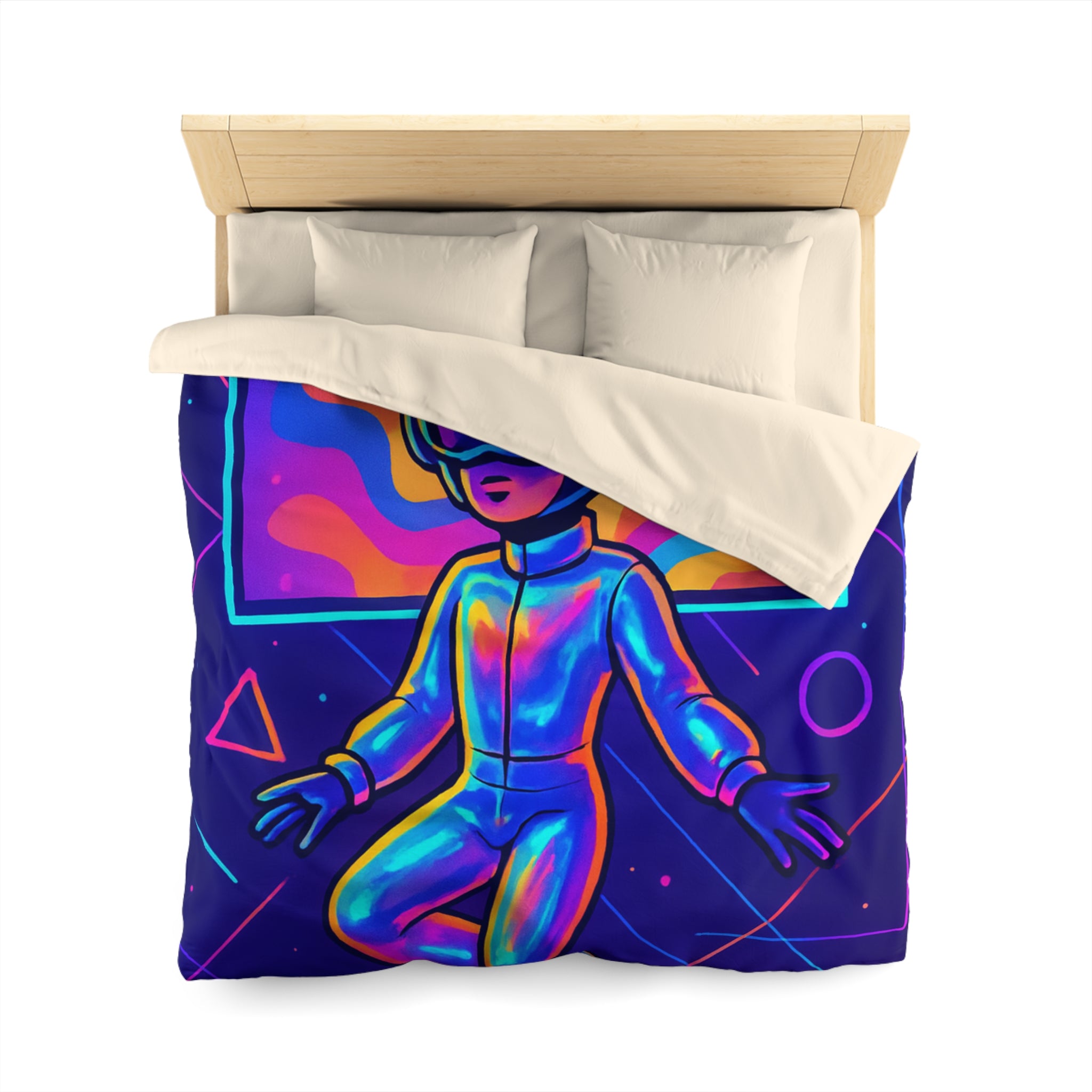 Housse de Couette Surréaliste avec Cosmonautes et Vagues Multicolores en Arrière-Plan
