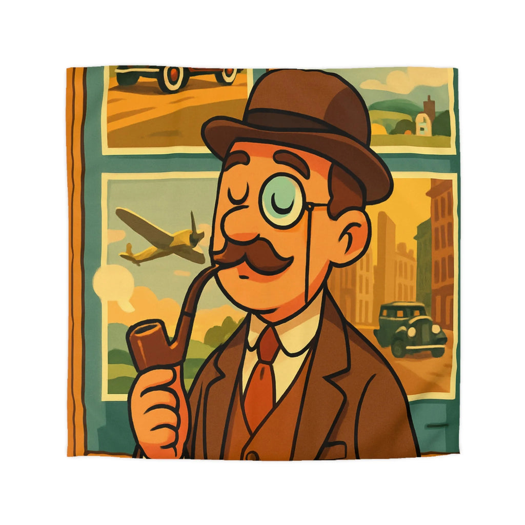 Élégant Gentleman Vintage avec Moustache et Monocle devant Affiches de Voiture et Avion