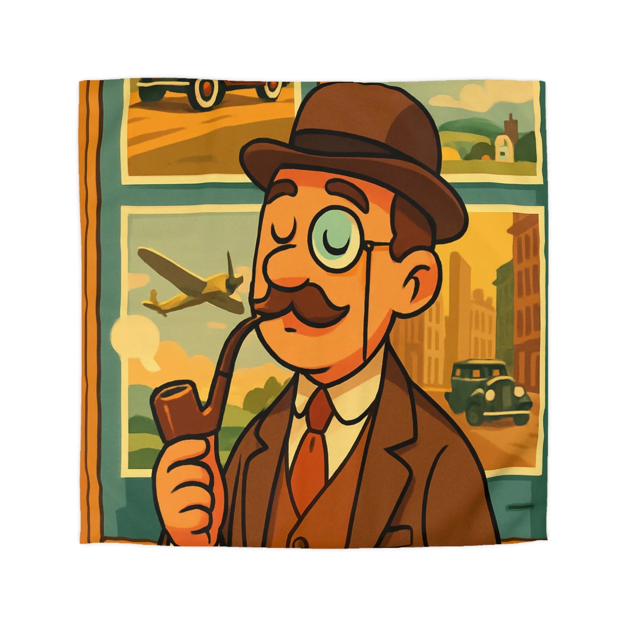 Élégant Gentleman Vintage avec Moustache et Monocle devant Affiches de Voiture et Avion