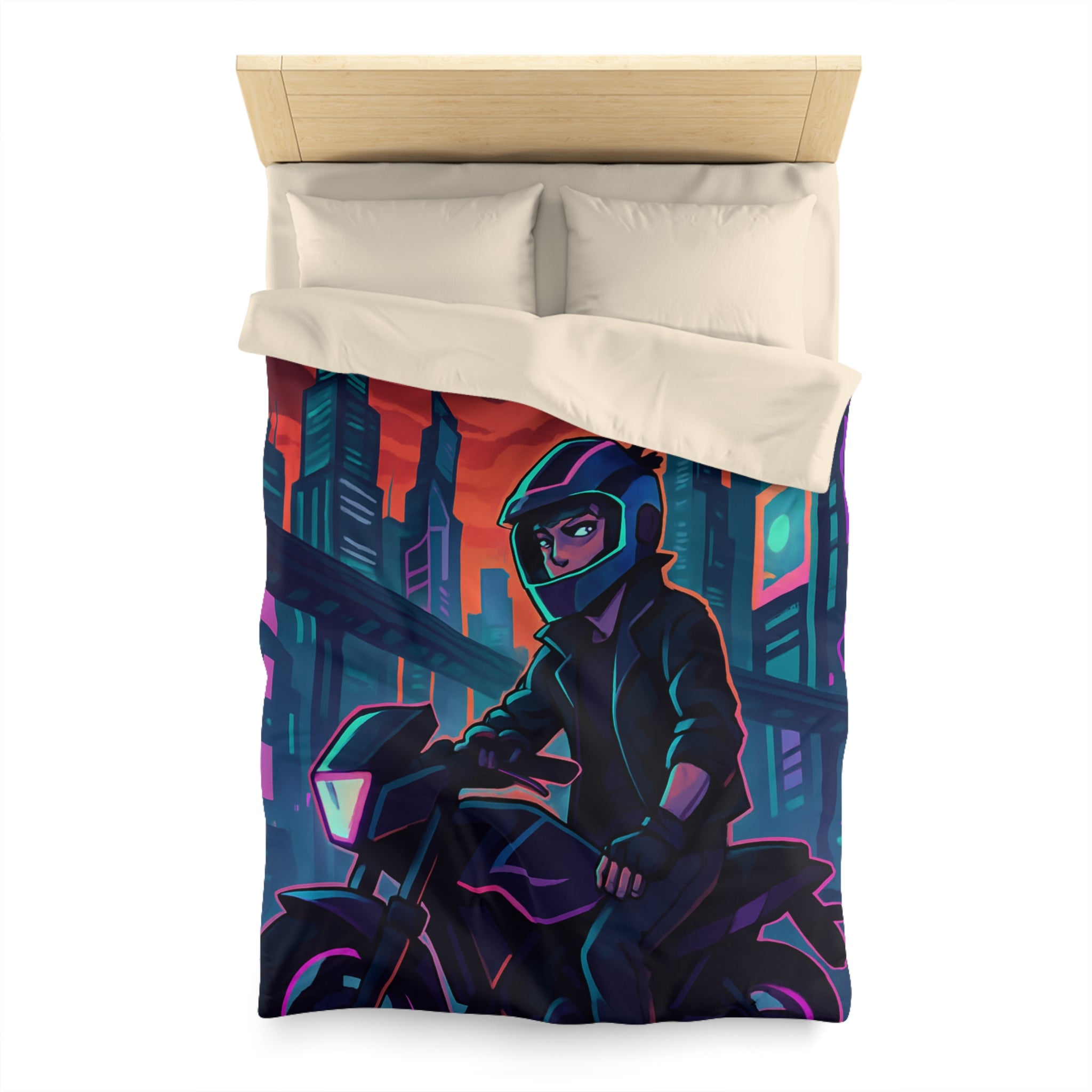 Housse de couette urbaine avec motard futuriste dans une ville de néons colorés