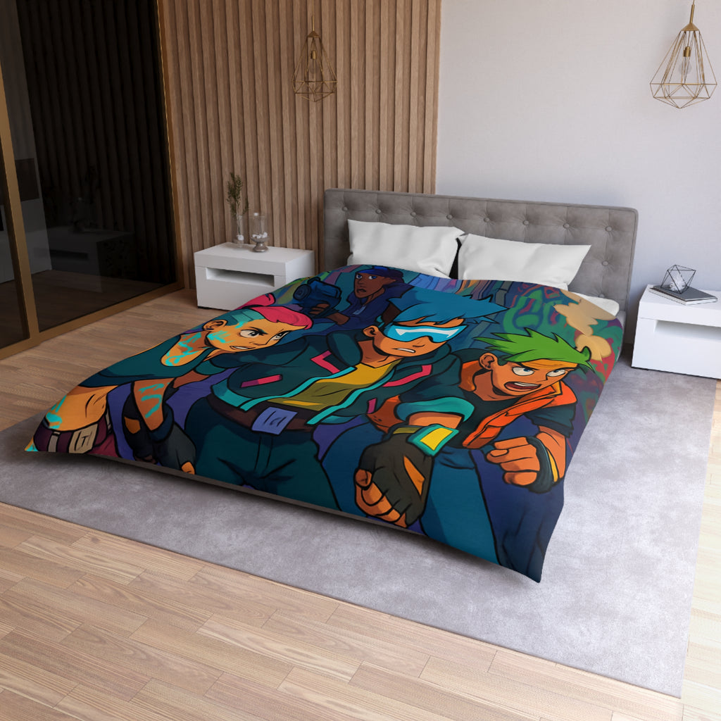 Housse de couette néon rétro avec personnages futuristes dans ruelle urbaine animée