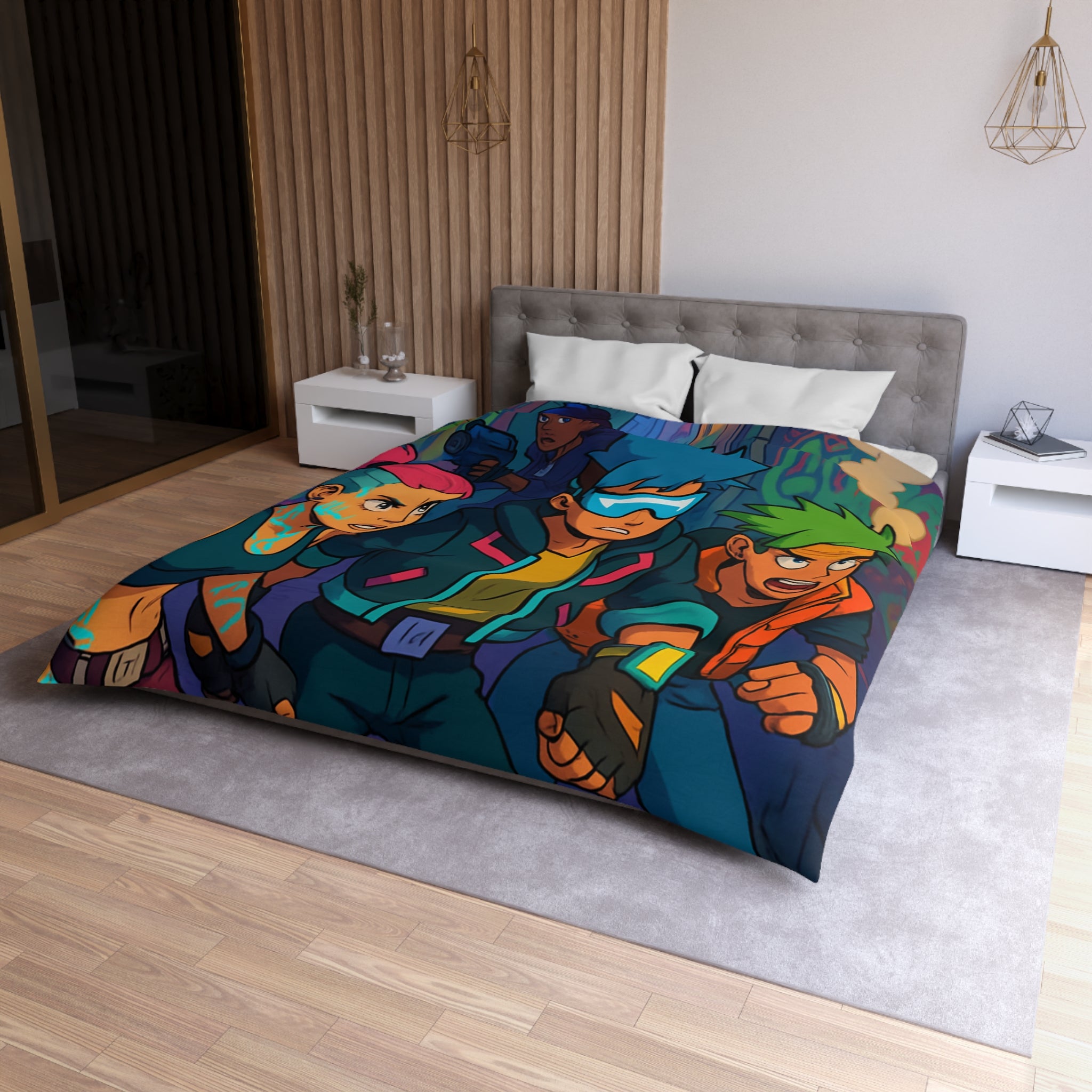 Housse de couette néon rétro avec personnages futuristes dans ruelle urbaine animée