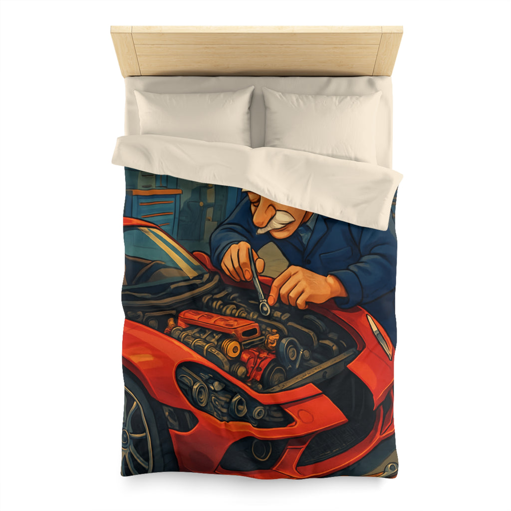 Housse de couette voiture rouge et mécanicien dans garage rétro pour chambre unique