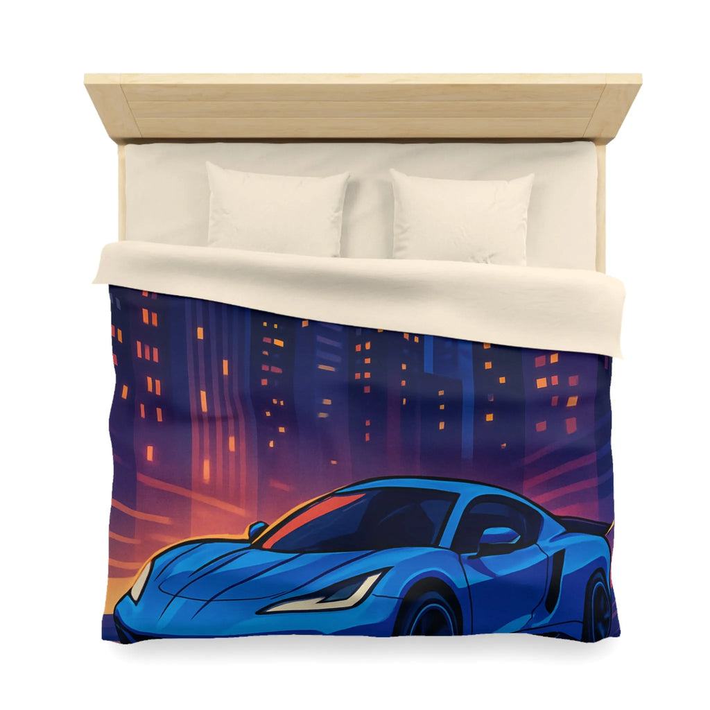 Housse de couette avec voiture bleue moderne et paysage urbain éclairé la nuit