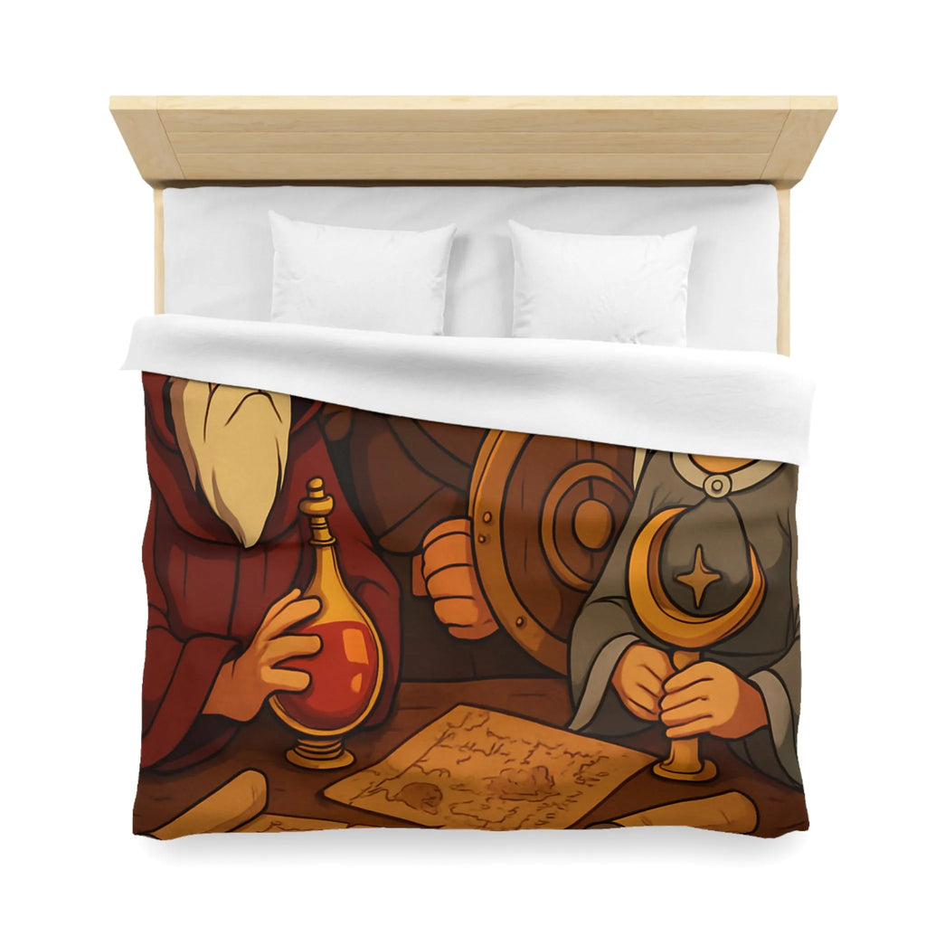 Housse de couette médiévale avec guerrier, mage et princesse tenant des artefacts anciens