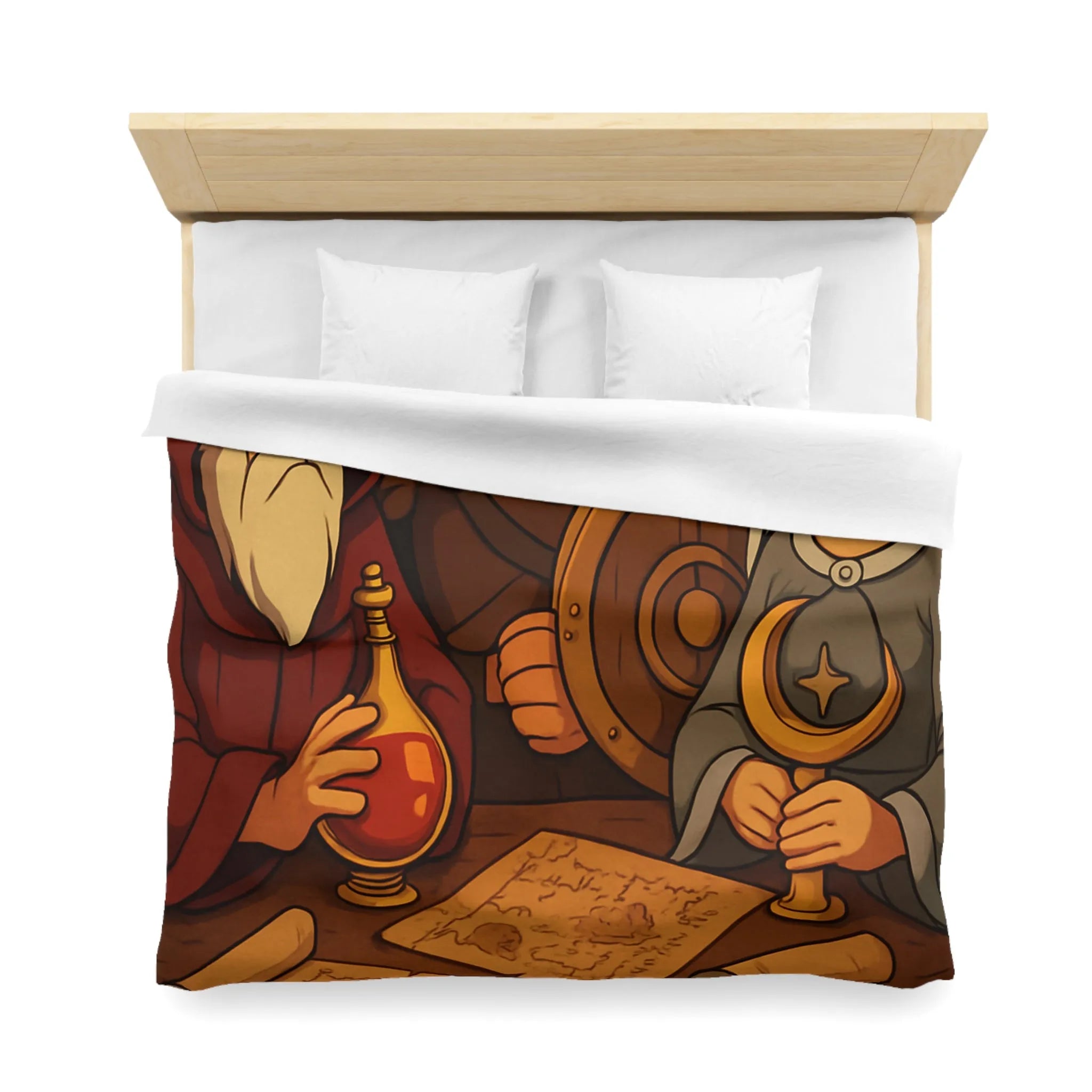 Housse de couette médiévale avec guerrier, mage et princesse tenant des artefacts anciens