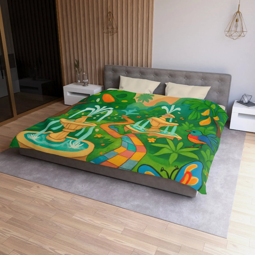 Housse de couette colorée avec oiseaux et fontaines dans jardin tropical vibrant