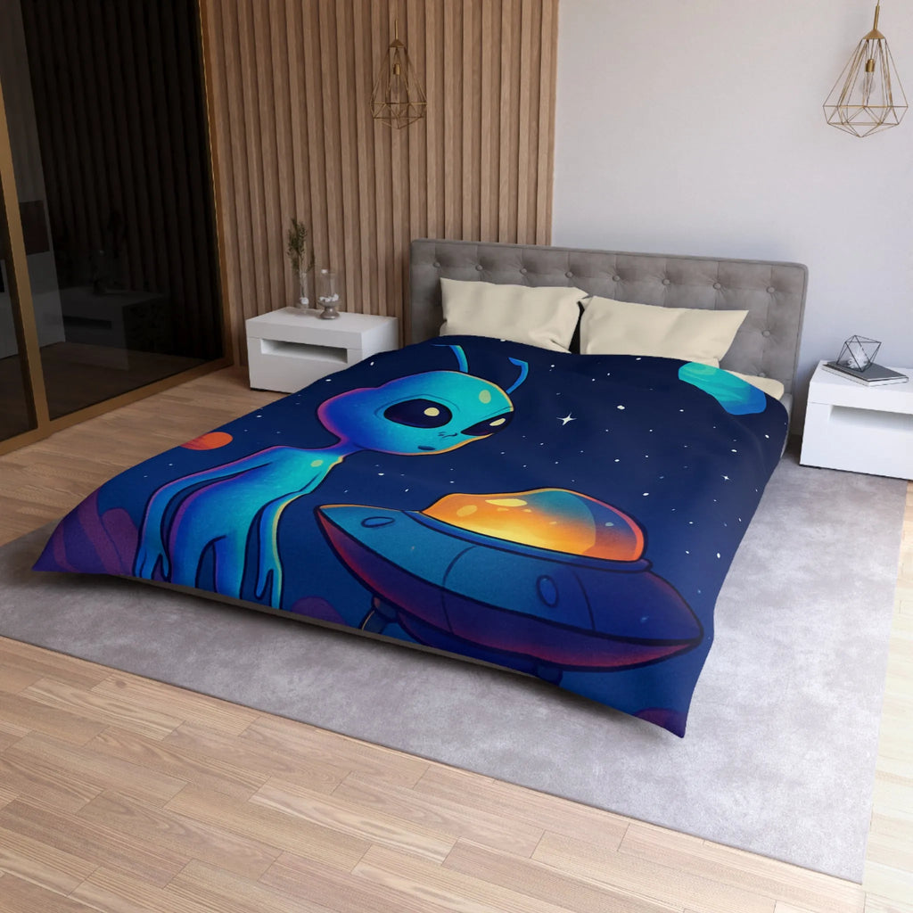 Housse de couette avec motif adorable de petit extraterrestre bleu et soucoupe volante