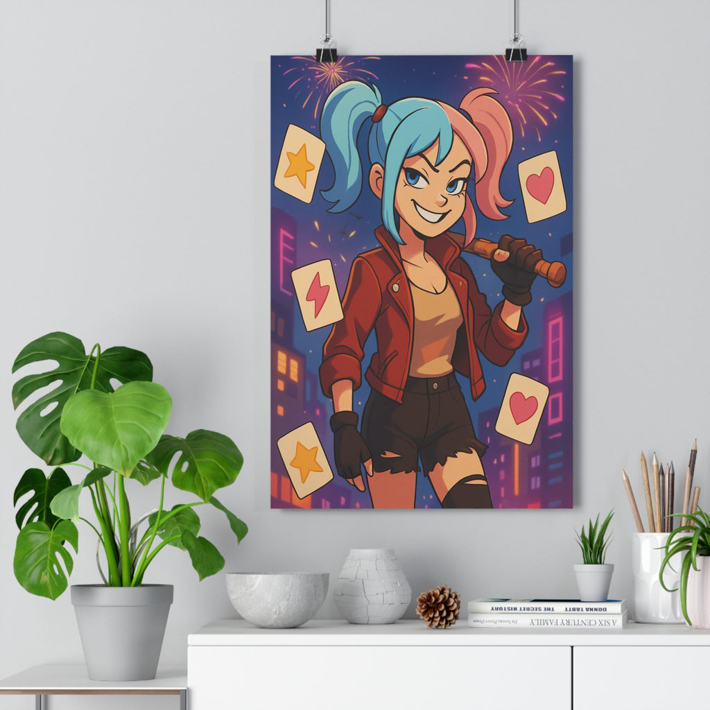 Poster décoratif moderne audacieux bleu rose ville illuminée éclatante salon chambre contemporain unique qualité