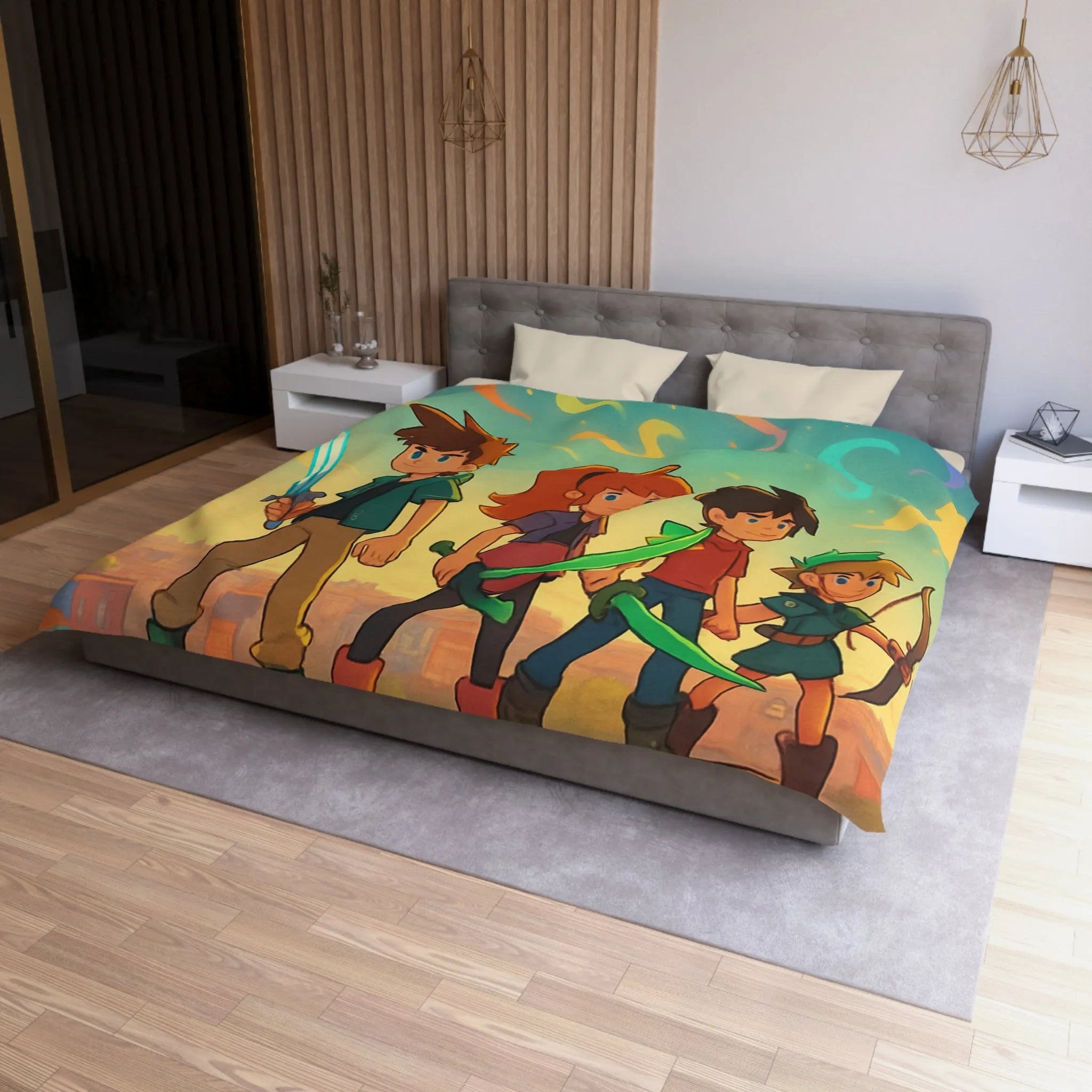 Housse de couette colorée avec quatre héros et ciel étoilé multicolore