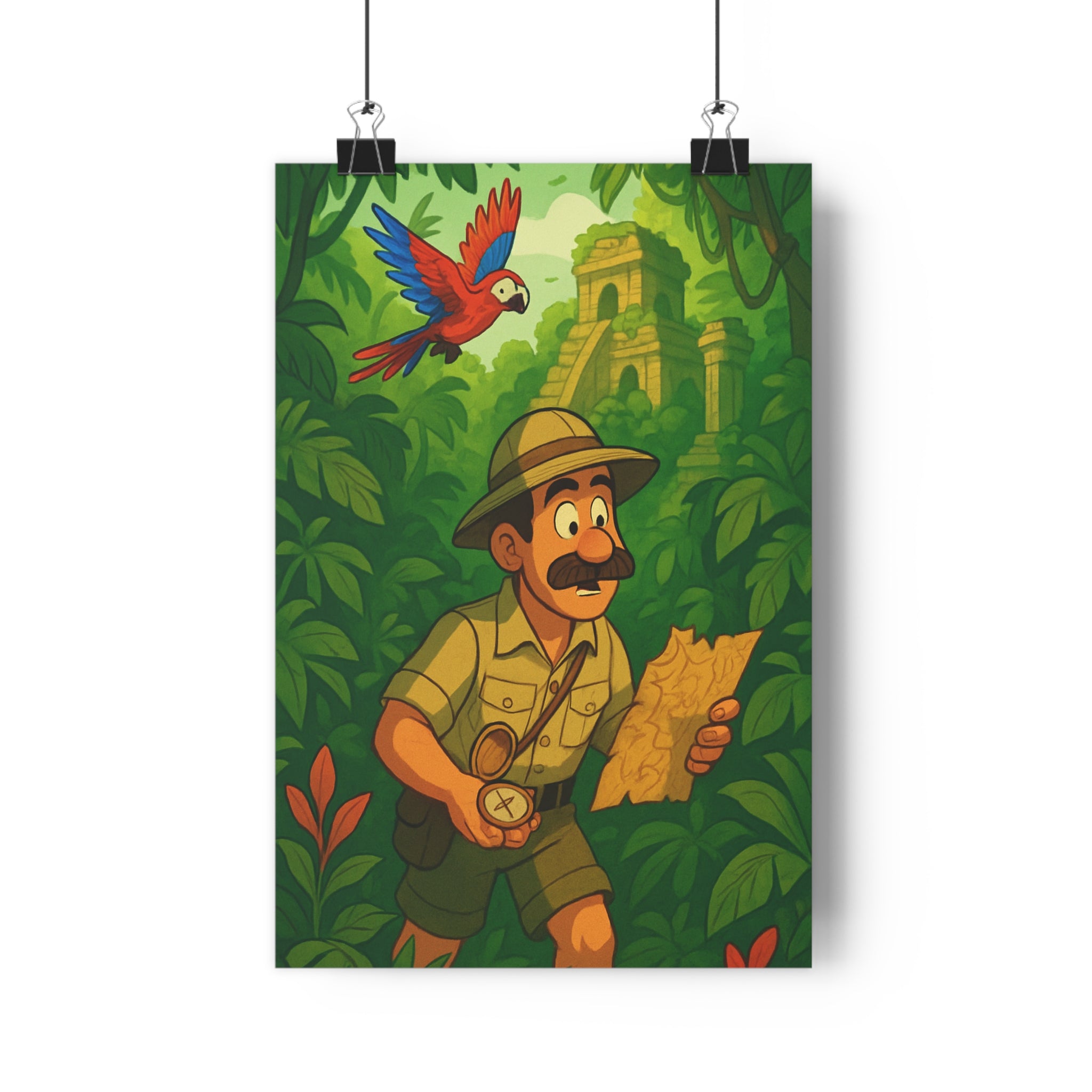 Poster décoratif tropical aventurier moustachu perroquet jungle ruines cartoon vibrant vert salon bureau qualité